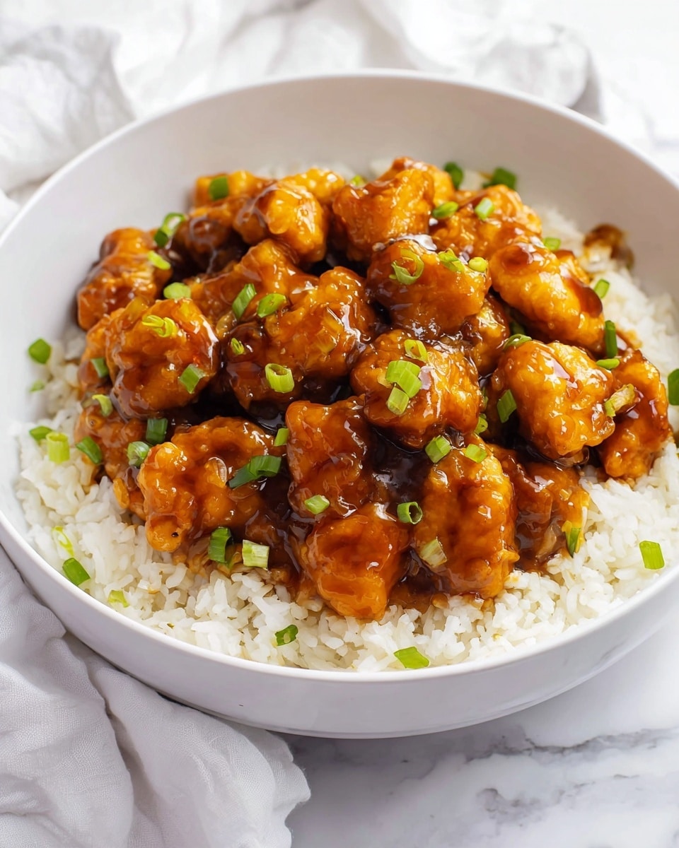 A white bowl filled with a base layer of white rice, fluffy and spread evenly across the bottom. On top of the rice is a thick layer of golden-brown pieces coated in a shiny, sticky brown sauce that looks rich and glossy. Small, bright green chopped scallions are scattered over the sauced pieces, adding a fresh pop of color. The bowl sits on a white marbled surface with a soft white cloth nearby, giving a clean and simple look. photo taken with an iphone --ar 4:5 --v 7