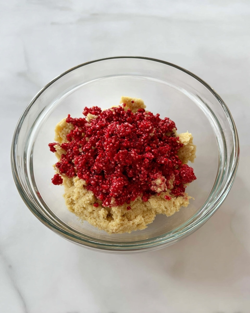 A clear glass bowl holds two main layers visible from the top; the bottom layer is a beige, crumbly dough with a rough texture, and the top layer is a bright red, finely chopped fruit or berry mixture that looks fresh and slightly moist. The bowl sits on a white marbled surface that adds a soft, clean background to the image. Photo taken with an iphone --ar 4:5 --v 7