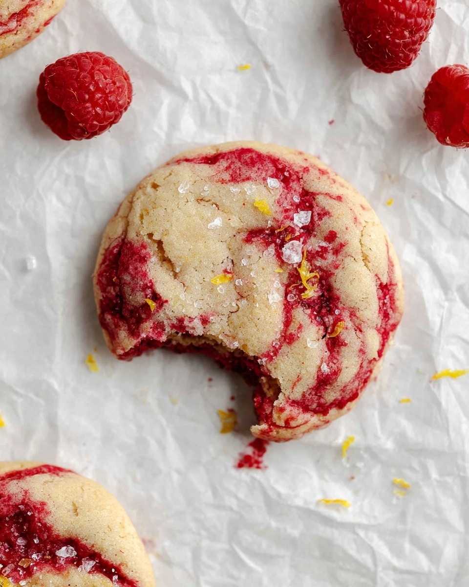 The image shows a close-up of one round cookie with a bite taken out of its upper right side, placed on crumpled white parchment paper over a white marbled surface. The cookie has a light beige base with deeply swirled streaks of bright red, likely raspberry, throughout. Scattered coarse sea salt crystals and small yellow lemon zest pieces rest on top, adding texture and color contrast. Around the cookie are a few whole fresh raspberries and a partial view of another similarly colored cookie on the left side. The overall scene looks fresh and homemade. Photo taken with an iphone --ar 4:5 --v 7