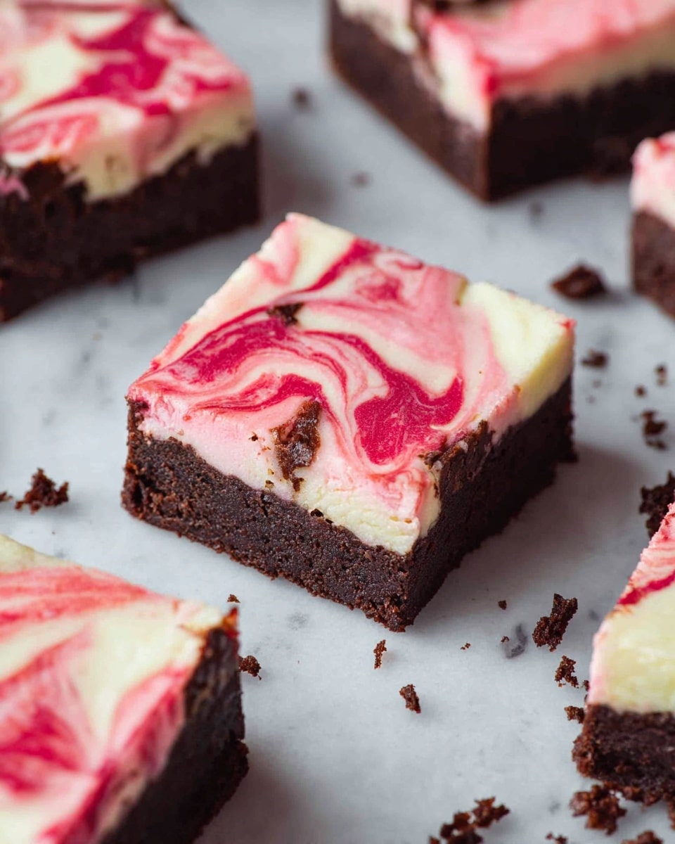 The image shows square brownies with two layers on a white marbled surface. The bottom layer is dense and dark brown, looking soft and chocolatey. The top layer is creamy white with swirls of bright pink running through it, creating a marbled effect. The swirls have smooth curves and lines that spread unevenly across the white layer. Some crumbs are scattered on the surface around the brownies. Photo taken with an iphone --ar 4:5 --v 7