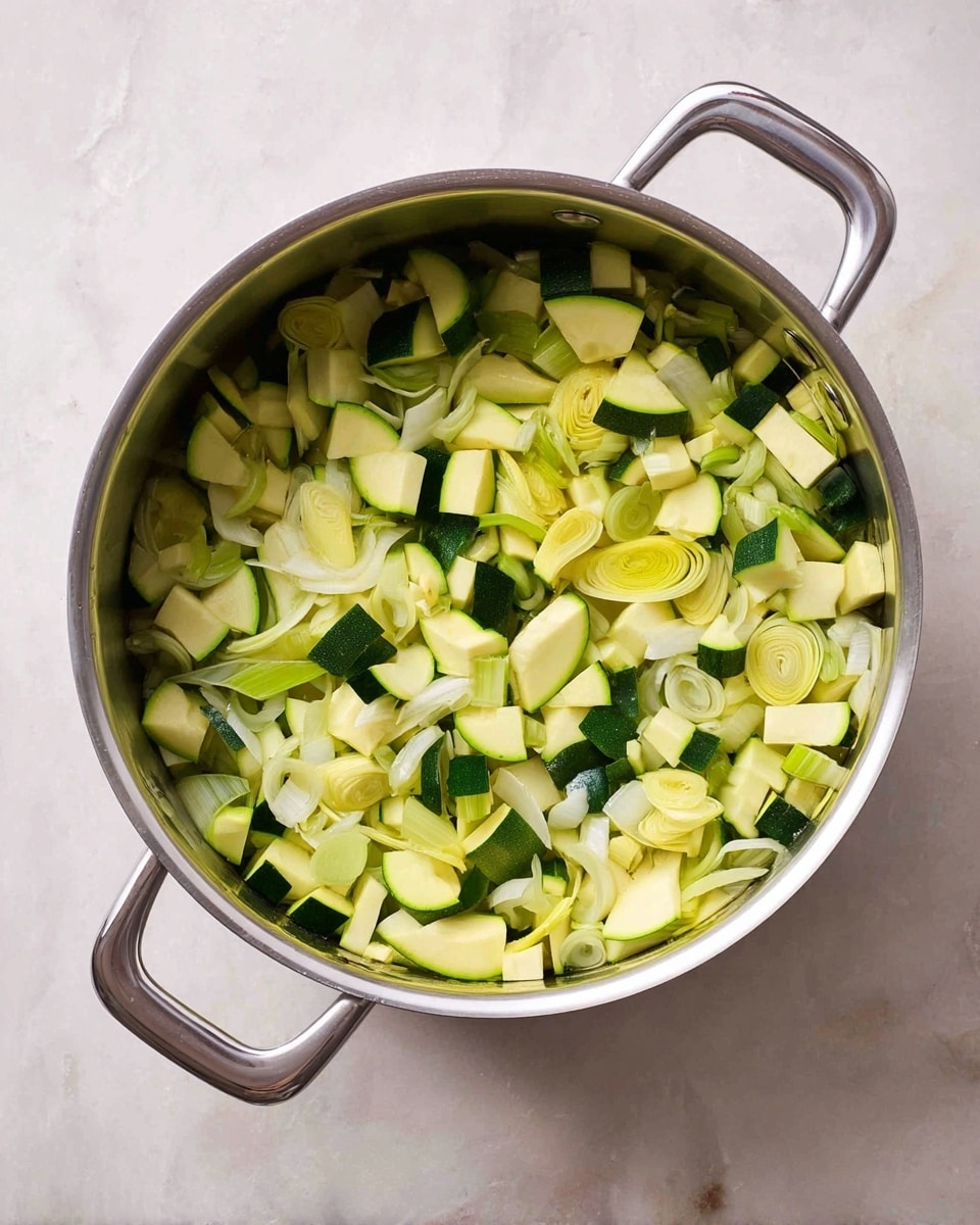 A top view of a stainless steel pot filled with two types of chopped vegetables: light green zucchini pieces with darker green edges and pale yellow-white rings and slices of leek, all mixed together. The pot has two handles and stands on a white marbled surface. photo taken with an iphone --ar 4:5 --v 7