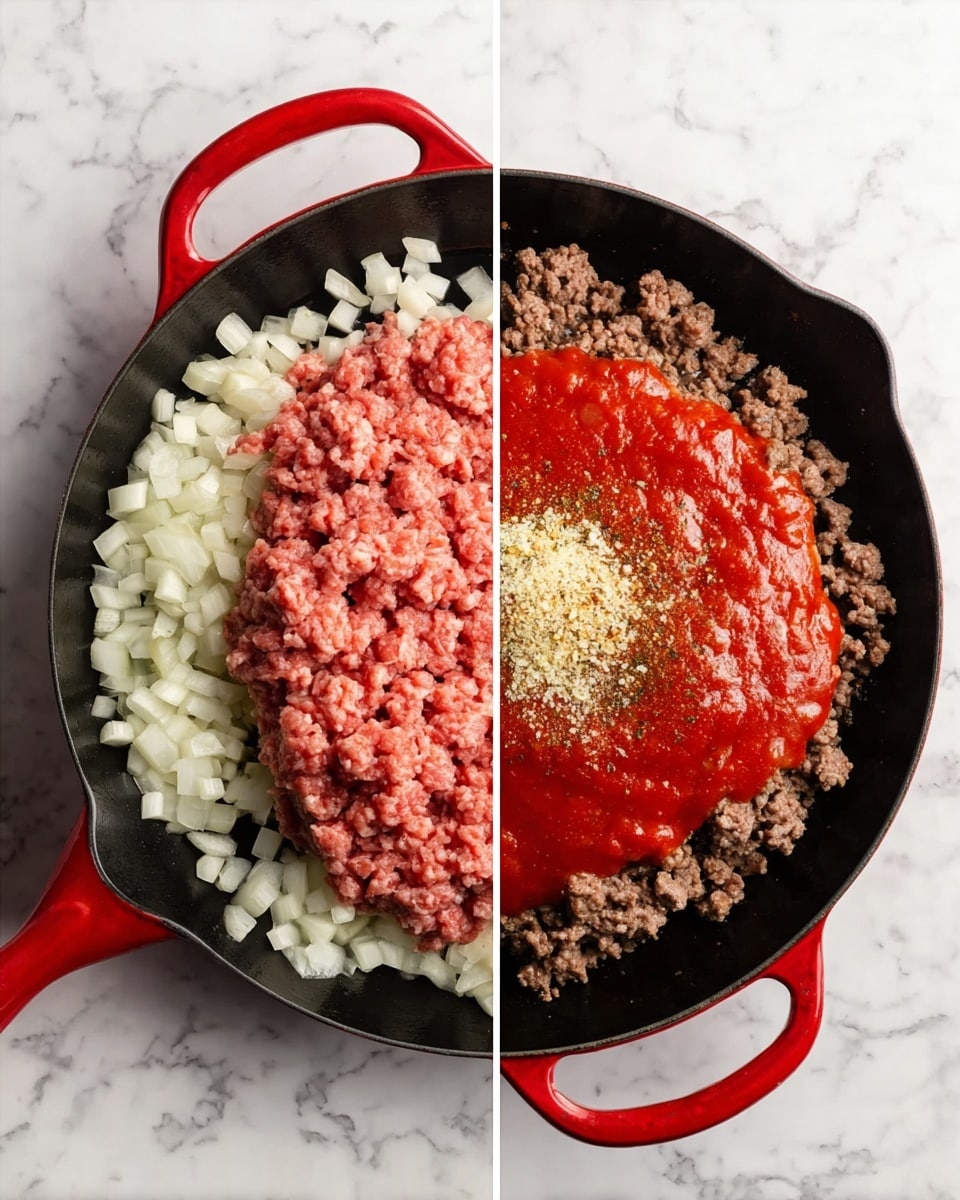 The image shows a black skillet with a red handle on a white marbled surface. In the left part of the image, the skillet contains raw ground meat placed on top of chopped white onions, forming two main layers: the bottom layer of small, diced onions and one large, pink, textured layer of meat above them. In the right part of the image, the skillet now has browned ground meat spread across the pan as the base layer, topped with a thick layer of bright red tomato sauce in the middle. On top of the sauce, there is a small mound of finely minced pale yellow garlic and reddish-brown spices sprinkled over the surface. Photo taken with an iphone --ar 4:5 --v 7