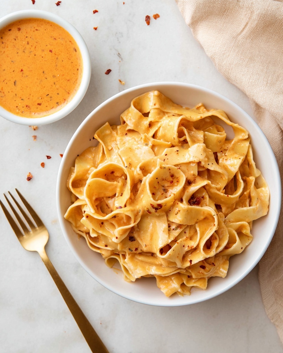 A white bowl filled with three layers of wide, flat pasta noodles coated in a light orange creamy sauce with tiny specks of black pepper and red chili flakes, giving it a slightly textured appearance. To the top left of the bowl, a small white bowl holds a thick orange sauce with small bits visible. A gold fork lies on a white marbled surface near the bottom left, and a beige cloth is folded softly in the top right corner of the scene. The overall image is bright with a clean and simple presentation, photo taken with an iphone --ar 4:5 --v 7