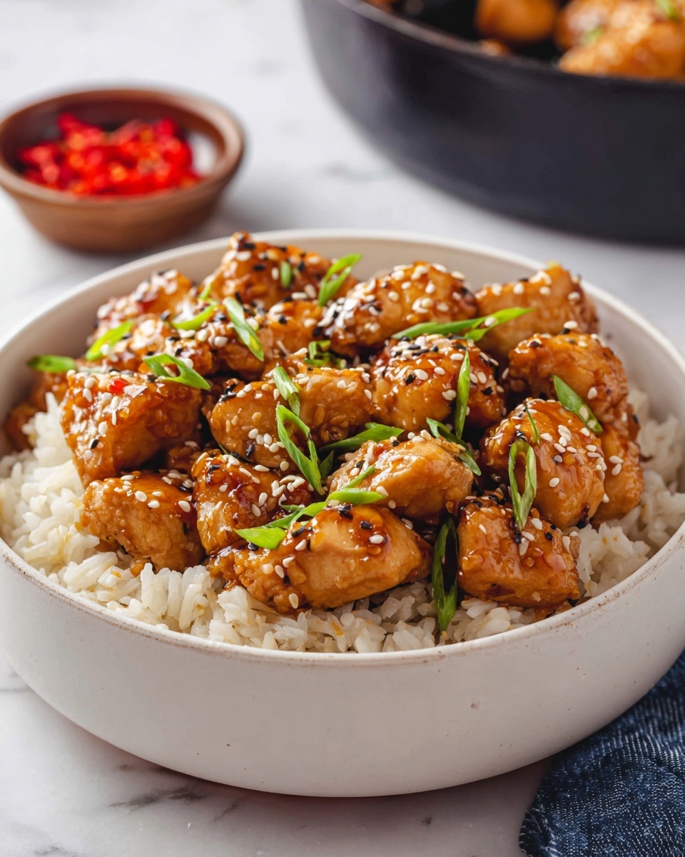 A bowl shows two main layers: the bottom layer is white rice with a soft, fluffy texture, and on top are medium-sized pieces of glazed chicken, cooked to a golden brown with a shiny coating. The chicken pieces are scattered with white sesame seeds and small green slices of scallion, adding color contrast. The bowl is white with a smooth finish, sitting on a white marbled surface along with a small bowl of red chili pieces blurred in the background. photo taken with an iphone --ar 4:5 --v 7