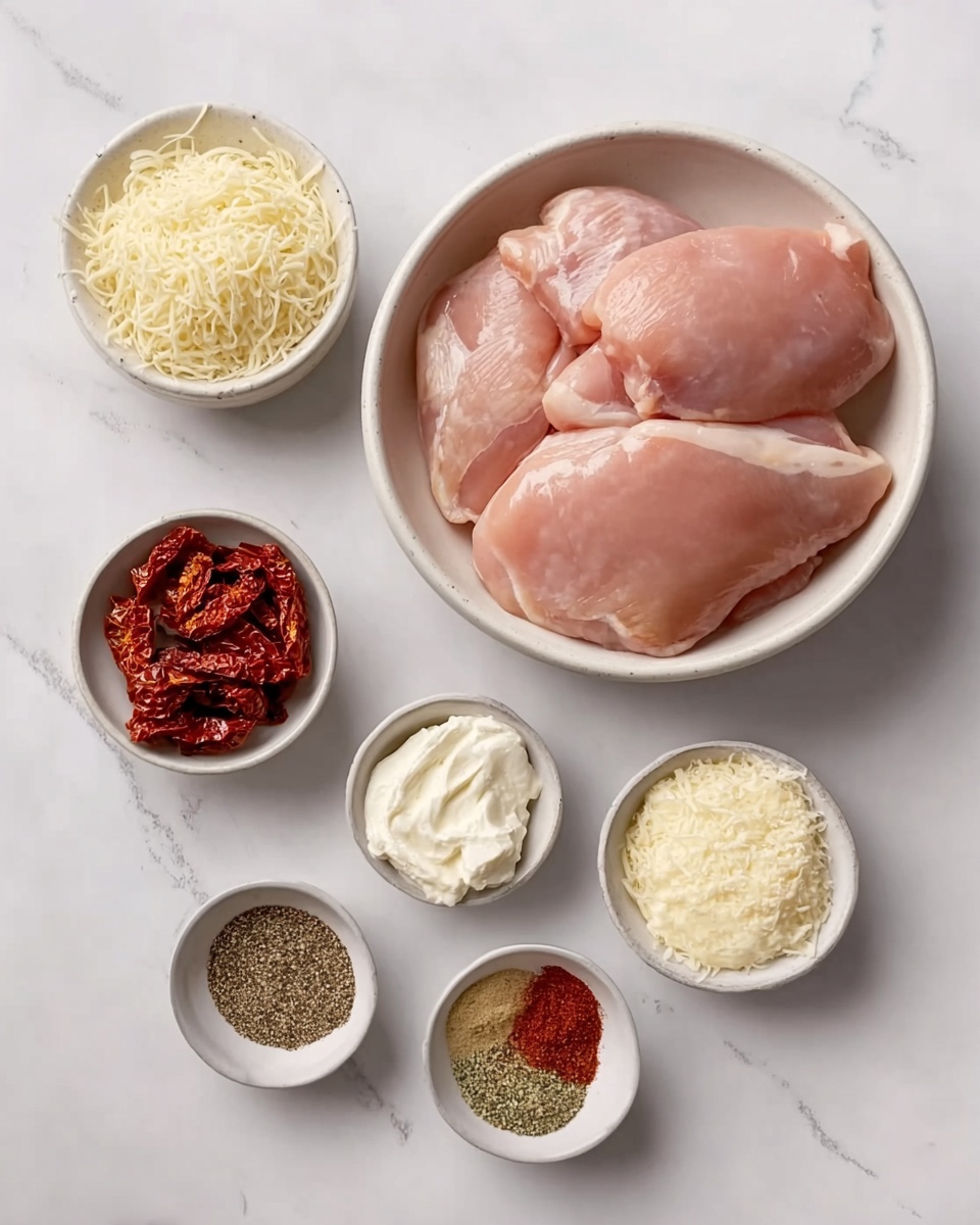 The image shows a top view of several ingredients placed on a white marbled surface. The largest white bowl in the middle holds four large pieces of raw pink chicken, smooth and fresh-looking. Around it, there are six small white bowls arranged neatly: one bowl contains white shredded cheese, another bowl has creamy white cream cheese, a third bowl shows red sun-dried tomatoes, and a fourth bowl is filled with grated Parmesan cheese. The last two bowls hold different spices one has a mix of black pepper, garlic powder, and salt, while the other has mixed herbs and paprika, showing a range of brown, black, and red tones. photo taken with an iphone --ar 4:5 --v 7