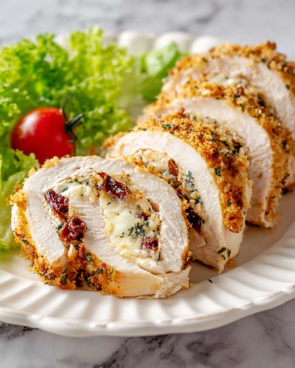 The image shows four pieces of thick, sliced rolled chicken on a white plate with scalloped edges. Each slice reveals layers of creamy white cheese and bits of dark red sun-dried tomatoes inside. The outside of the chicken is golden brown with a crunchy topping made from grated cheese and herbs, giving it a crumbly texture. On the left side of the plate, there is a small pile of fresh, bright green lettuce leaves with one red cherry tomato visible. The plate is set on a white marbled surface. photo taken with an iphone --ar 4:5 --v 7