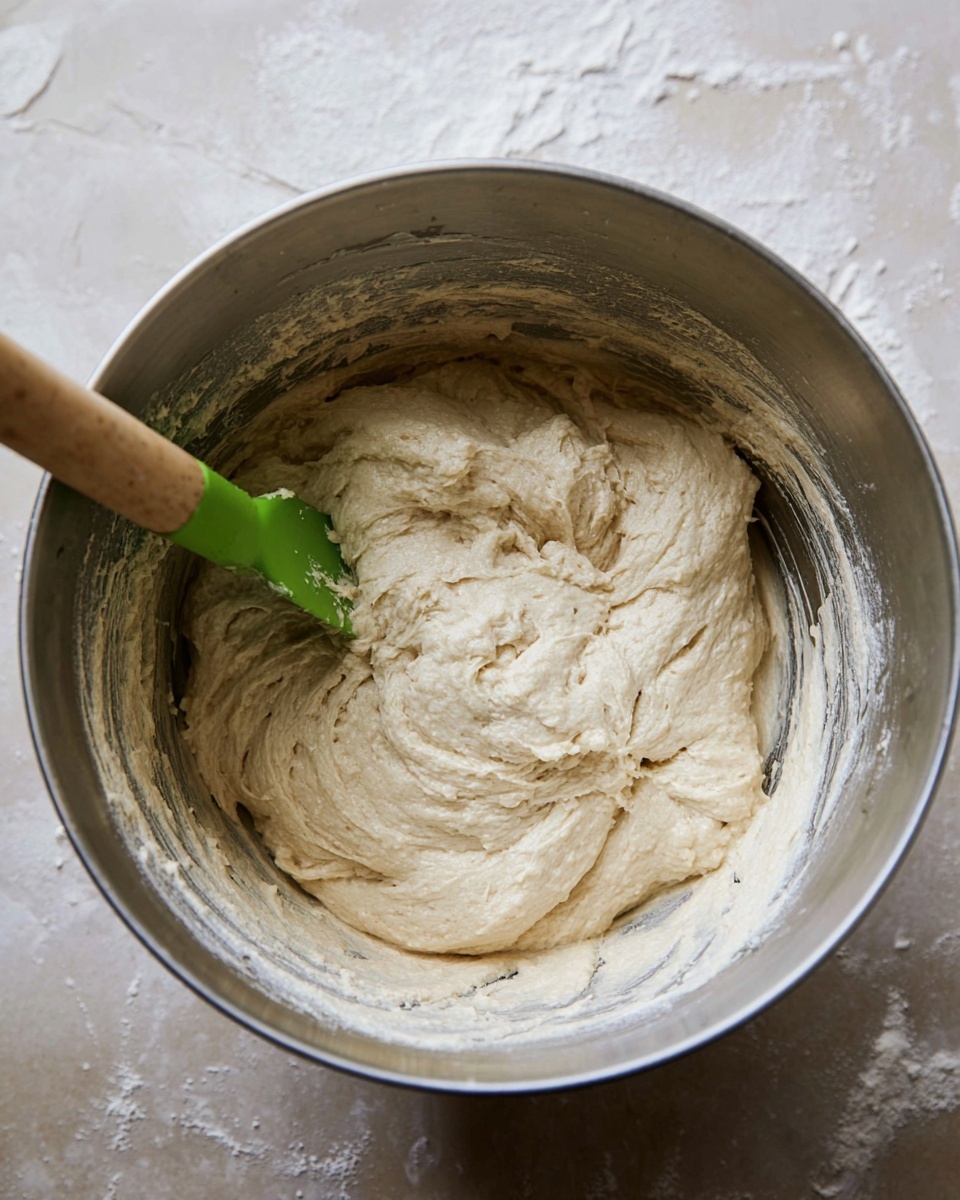 A close-up top view of a large steel mixing bowl filled with thick, light beige batter with a slightly lumpy texture. A green spatula with a wooden handle is partially stuck in the batter, appearing to be mixing it. The background shows a worn white marbled texture surface with some scattered flour or batter spots. photo taken with an iphone --ar 4:5 --v 7