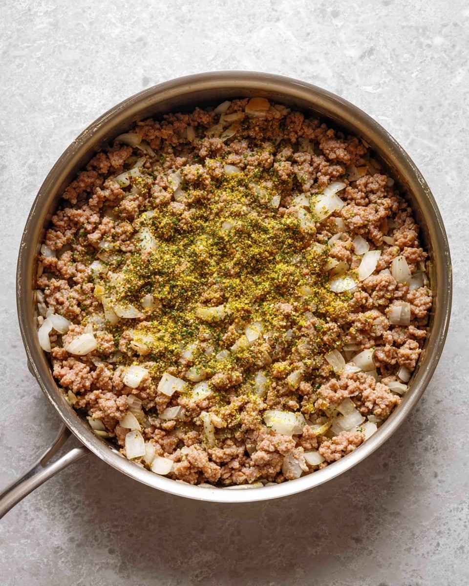 A round silver pan sits on a white marbled surface filled with cooked ground meat mixed with small diced white onions, sprinkled with green herbs and yellow seasoning scattered across the top in uneven patches, the meat is crumbly and brown with some bits showing a texture of cooked onion. The pan has two handles on each side and the inside base is slightly visible in the middle where the ingredients are thinner. Photo taken with an iphone --ar 4:5 --v 7