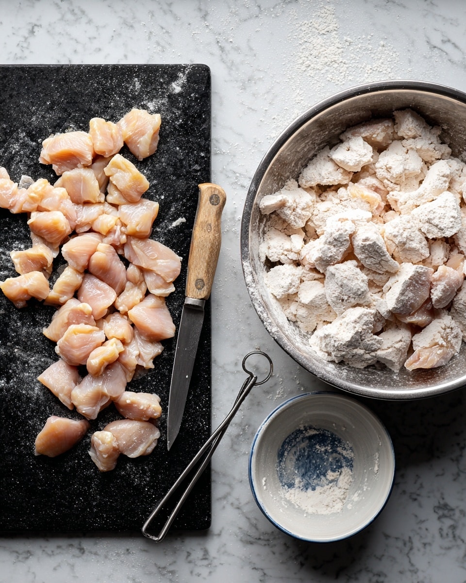 The image shows two main parts on a white marbled surface: on the left, small raw chicken pieces with light pink and pale yellow colors lie scattered on a black cutting board, with a knife that has a wooden handle resting on the board. On the right, a metal bowl contains similar chicken pieces covered in a white flour coating, giving them a powdery texture. Next to the bowl is a small white bowl with flour residue inside, and below the metal bowl handle is a metal tong. Photo taken with an iphone --ar 4:5 --v 7