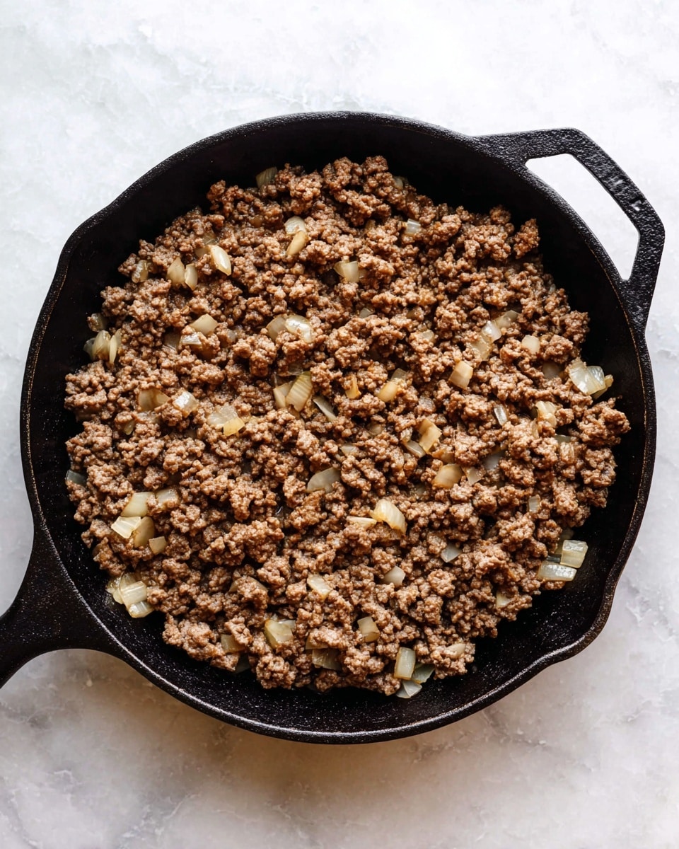 A top view of cooked ground meat mixed with small pieces of translucent white onions in a black cast iron skillet. The meat is browned with a crumbly texture, evenly spread across the skillet. The skillet rests on a white marbled surface, creating a simple and clean background. photo taken with an iphone --ar 4:5 --v 7