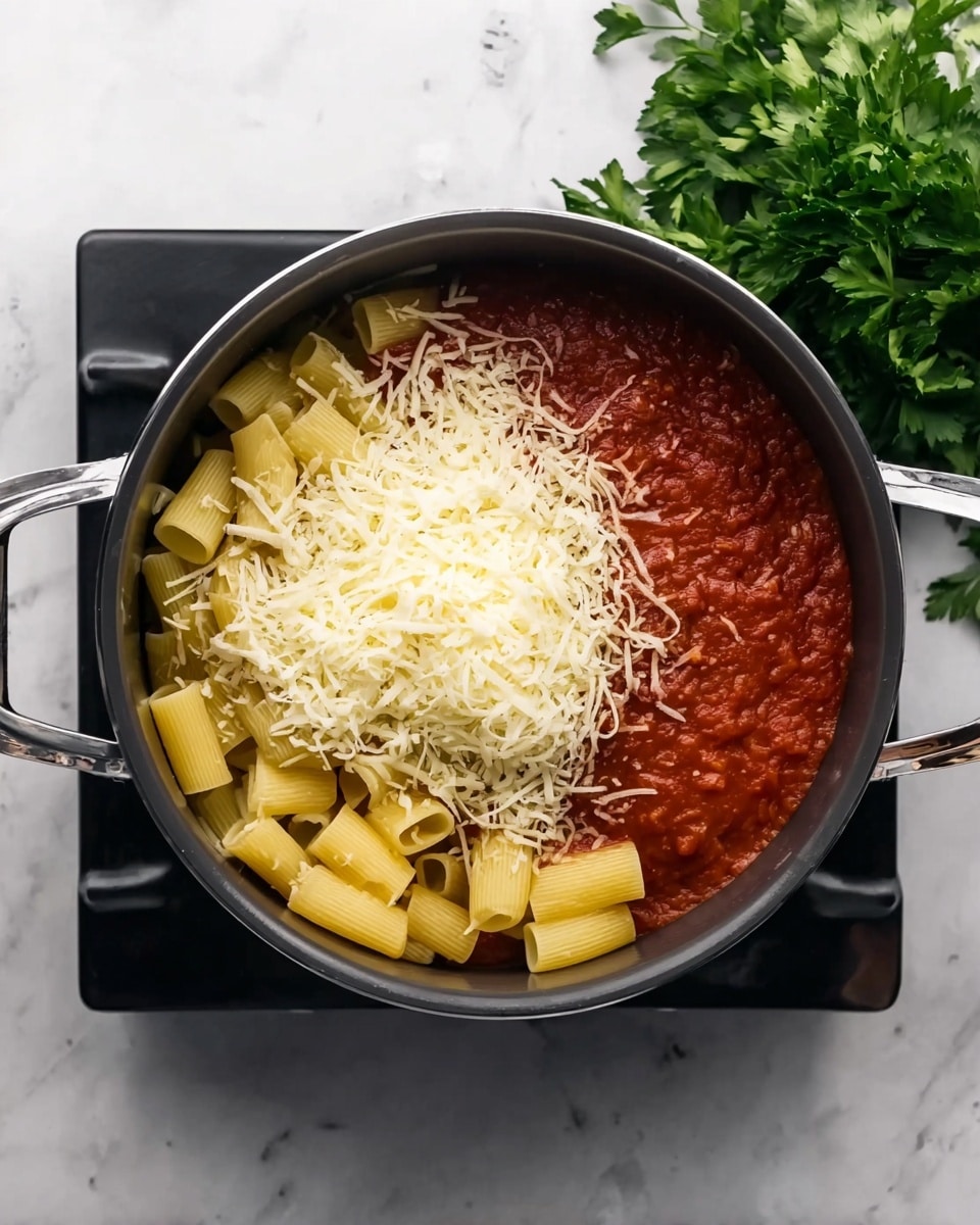A black pot is seen from above, sitting on a black stove with silver handles on each side. Inside the pot, there are three layers: rigatoni pasta on one side, a thick red tomato sauce covering the pasta partially, and a large pile of shredded white cheese placed on top of the sauce. The pot is placed on a white marbled surface, and fresh green parsley leaves are positioned in the top right corner. Photo taken with an iphone --ar 4:5 --v 7