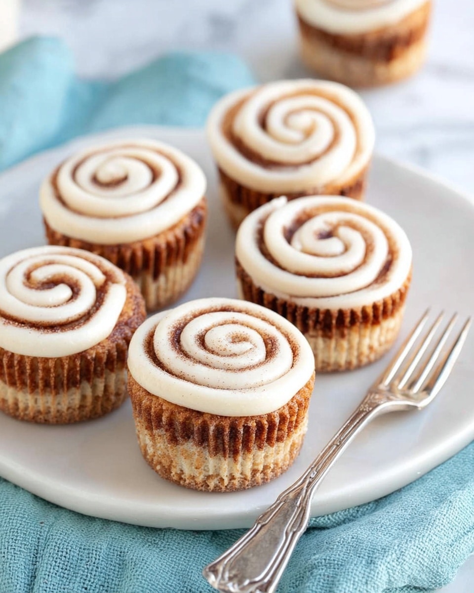 The image shows several small cinnamon roll cupcakes arranged on a white plate with a silver fork lying beside them. Each cupcake has about three visible layers: a light brown base, a darker brown cinnamon swirl layer in the middle, and a lightly browned top layer. On top of each cupcake, there is a neat white icing swirl that spirals from the center outward. The cupcakes have a ribbed texture from the baking liners. The plate rests on a white marbled surface with a soft blue cloth partially visible underneath. The lighting is bright and natural, highlighting the warm tones and texture of the cupcakes photo taken with an iphone --ar 4:5 --v 7