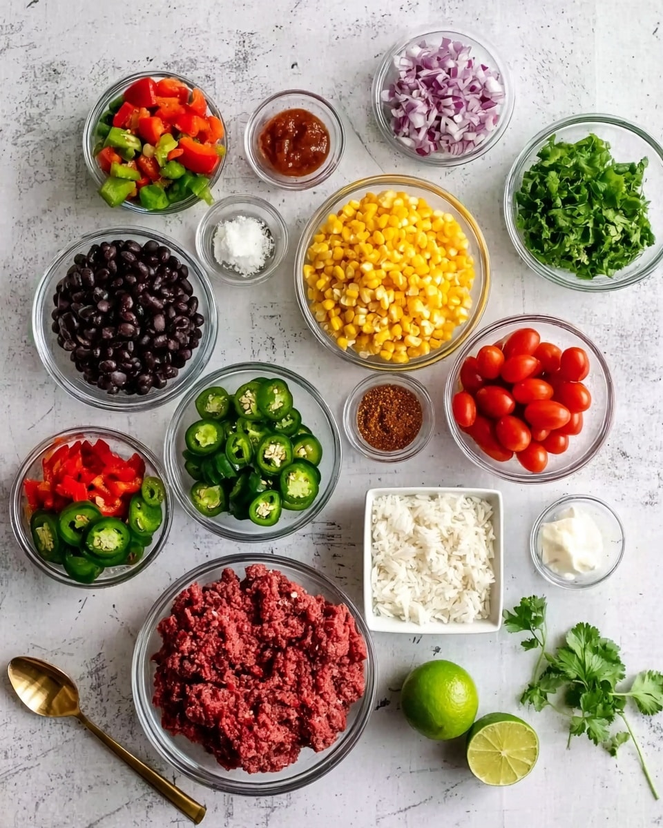 The image shows an overhead view of many clear glass bowls and a small white square dish arranged on a white marbled surface. In the largest bowl at the bottom center, there is raw ground beef with a deep red color and coarse texture. To its left, a bowl contains a mix of chopped green and red bell peppers, showing bright and fresh colors. Above that, a bowl is filled with sliced green jalapeño peppers, shiny and smooth. Next to it, a bowl holds finely chopped red onions, small pieces with a slightly shiny purple hue. To the right, a bowl of halved cherry tomatoes shows their vibrant red interiors. Above these, a large bowl is divided into two parts: one with bright yellow corn kernels and the other with black beans. Beside it, a small bowl contains white uncooked rice with a grainy texture. A small white square dish in the center has various ground spices in red, green, and brown shades. Two whole green limes rest near the right side. There are also piles of fresh cilantro leaves, a spoon of sour cream, and a gold spoon with a red sauce. Everything is on the white marbled surface, and a woman's hand is just out of frame near the sour cream. Photo taken with an iphone --ar 4:5 --v 7