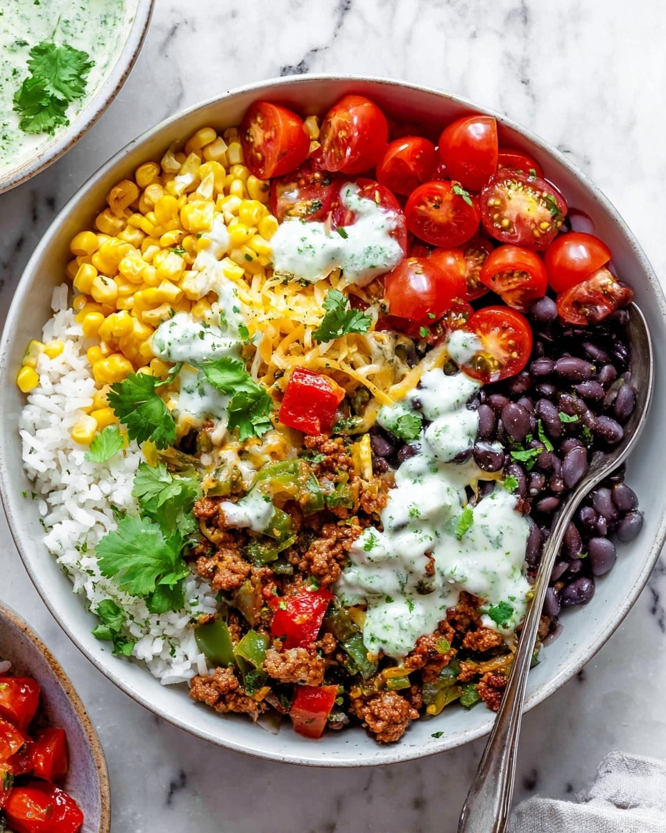 In the white bowl, the first layer is cooked white rice with a fluffy texture, placed at the base and filling about a third of the bowl on one side. Surrounding the rice is a layer of yellow corn kernels positioned on the left side, while black beans form a neat line on the right side. On top of the rice, a layer of bright green fresh cilantro leaves adds a fresh touch near the top center. Roasted chunks of green and red peppers mixed with browned cooked ground meat with melted yellow cheese are placed mostly on the bottom right and lower side of the bowl, creating a rich, textured layer. Halved cherry tomatoes, bright red and glossy, rest on top, mainly on the upper right side, some covered slightly with a drizzle of creamy white yogurt sauce speckled with green herbs. The bowl is set on a white marbled surface, with a silver spoon resting inside near the black beans. Photo taken with an iphone --ar 4:5 --v 7