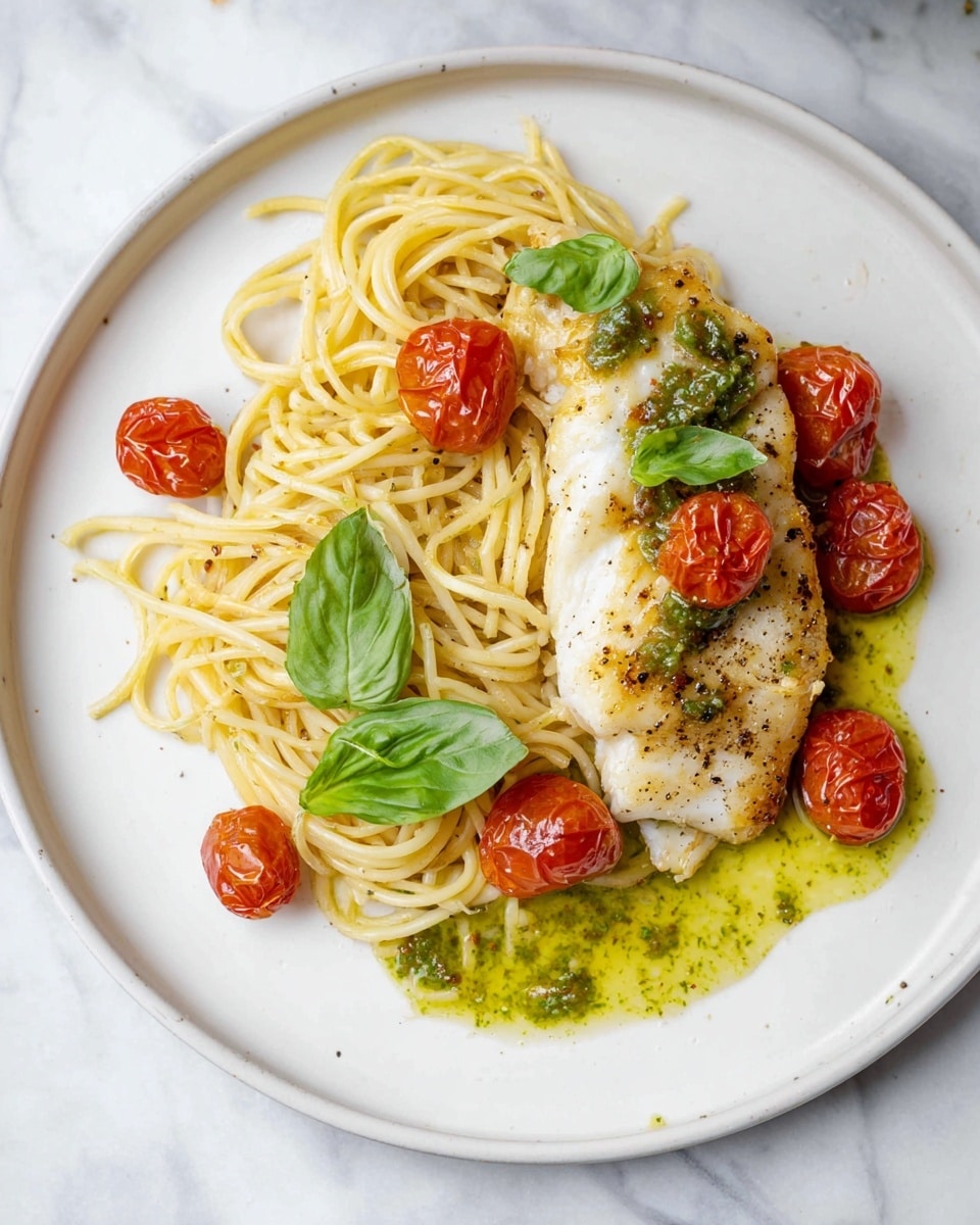 A white plate holds a meal with three main parts. At the bottom is a pile of light yellow spaghetti, twisted and sprinkled lightly with black pepper. On the right side of the plate, a piece of cooked golden-brown fish rests on a pool of green sauce with some visible herbs and oil. Around the fish and pasta are several bright red cherry tomatoes and a few fresh green basil leaves for color and decoration. The plate sits on a white marbled surface. photo taken with an iphone --ar 4:5 --v 7