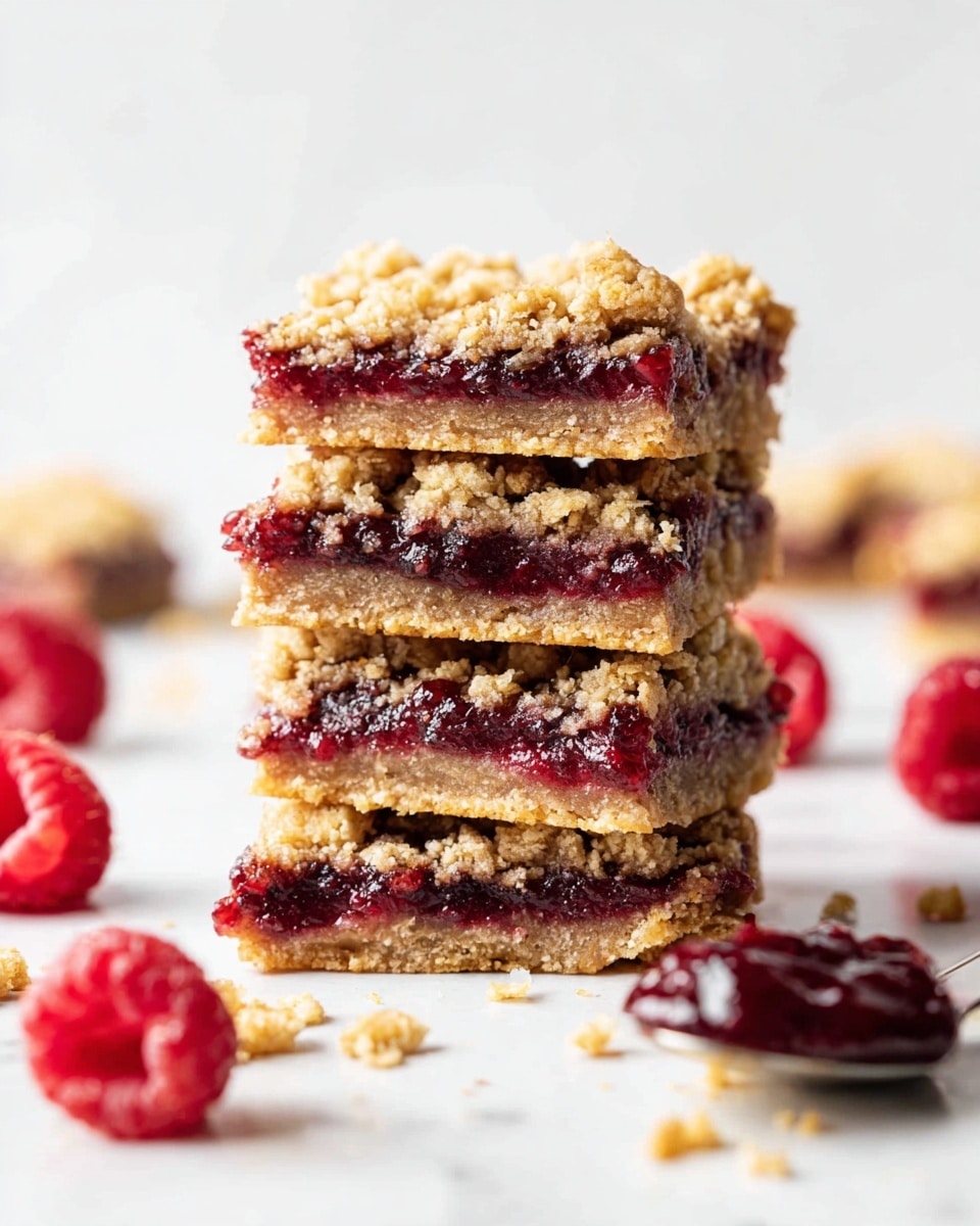 A stack of four square raspberry bars is placed on a white marbled surface, each bar showing three clear layers: a golden crumbly oat crust at the bottom, a thick dark red raspberry jam layer in the middle, and a rough, golden oat crumble topping. Around the stack, whole fresh raspberries and small pieces of crumble are scattered, with a spoonful of dark red jam resting on the surface to the right. The background is soft and bright, with a clean white color that highlights the colors and textures of the bars. photo taken with an iphone --ar 4:5 --v 7