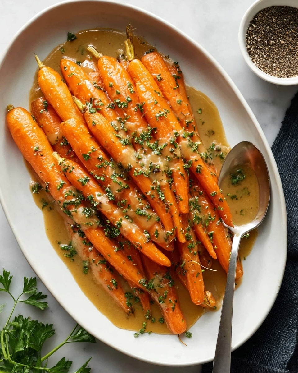A white oval plate holds about a dozen whole, bright orange carrots arranged closely side by side, covered in a light brown creamy sauce with small green herb bits sprinkled evenly on top. The carrots are glossy with sauce that pools around their base. A large silver spoon rests on the right side of the plate, partially under the carrots. The plate sits on a white marbled surface with a small white bowl filled with cracked black pepper visible at the top right corner and some scattered green parsley leaves near the bottom left. Photo taken with an iphone --ar 4:5 --v 7