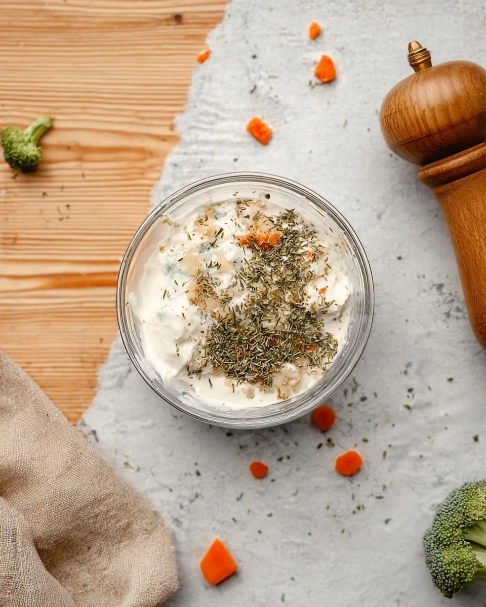 A clear glass bowl sits on a white marbled surface with a mix of creamy white sour cream or yogurt-like base topped with various dried green herbs and black pepper scattered on top, creating a colorful contrast. Around the bowl, there are small orange carrot pieces and tiny green broccoli bits sprinkled sparsely on the surface. A wooden pepper grinder and a folded beige cloth are placed nearby, all set on a light wooden textured background. photo taken with an iphone --ar 4:5 --v 7