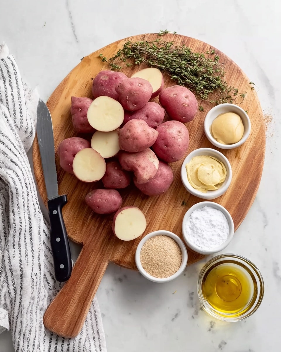 A wooden board set on a white marbled surface holds a group of red small potatoes, some whole and some sliced to show their light cream inside, stacked in the middle-right. Around the board’s lower edge are four small white bowls: one with pale yellow mustard, one with a mix of dry light beige powder, one with golden honey, and one with pale off-white powder. In front of these bowls is a small clear glass container filled with olive oil. Near the potatoes is a small sprig of fresh thyme. On the left side of the board lies a large sharp knife with a black handle, resting next to a white and black striped cloth. The photo taken with an iphone --ar 4:5 --v 7