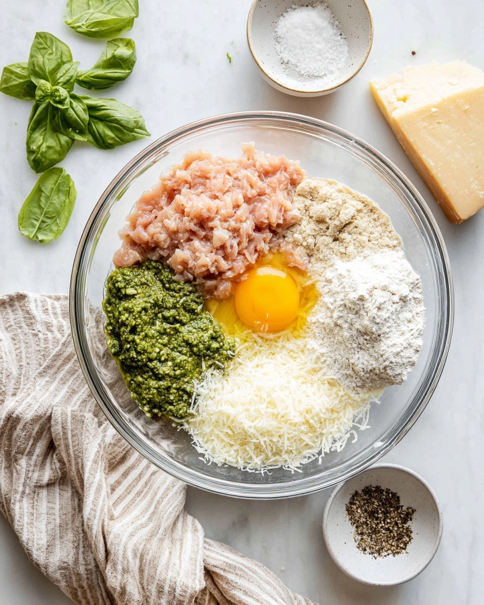 A clear glass bowl sits on a white marbled surface, holding five distinct layers arranged side by side. The largest portion is light pink raw ground chicken, next to a smaller heap of light beige flour. A bright yellow egg yolk rests on the flour, slightly spreading to the chicken. Beside the chicken is a rich green pesto, thick and textured. Next to the pesto and overlapping the chicken is a mound of finely grated white cheese. Around the bowl, a beige and white striped cloth is casually placed, with small fresh green basil leaves scattered nearby, along with small white bowls containing coarse white salt, black pepper, and a chunk of hard cheese with some grated cheese. Photo taken with an iphone --ar 4:5 --v 7