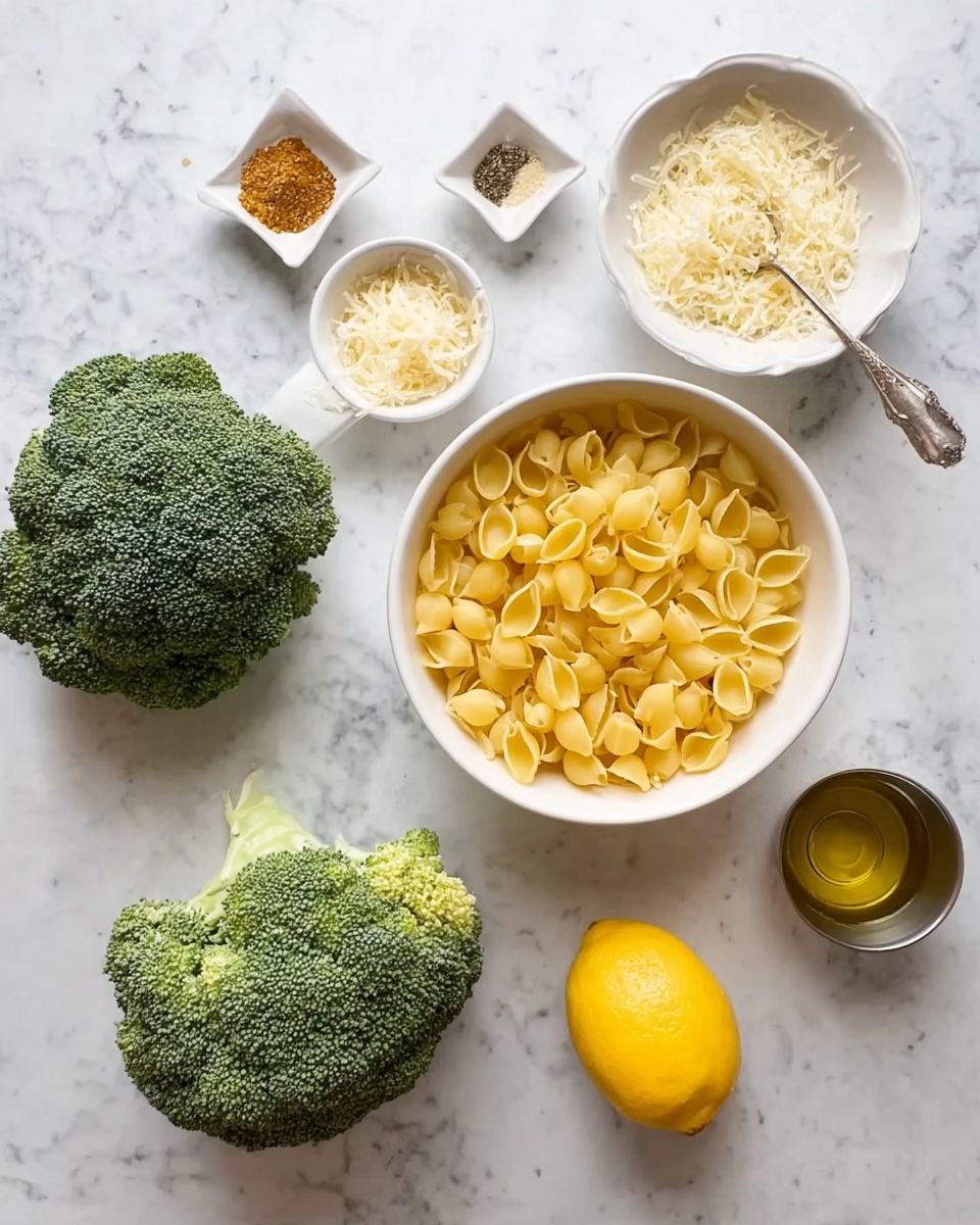 The image shows a white marbled surface with ingredients arranged neatly. In the center, there is a white bowl filled with yellow shell pasta. To the left, two green broccoli heads rest on the surface. On the top left, there is a small white dish holding various spices, and next to it, a white measuring cup filled with grated cheese. On the right side of the pasta bowl, there is a small white bowl with grated cheese and a metal spoon inside it. Further to the right is a whole yellow lemon, and near it, a small metal cup holding olive oil. The arrangement gives a clean and fresh look. photo taken with an iphone --ar 4:5 --v 7