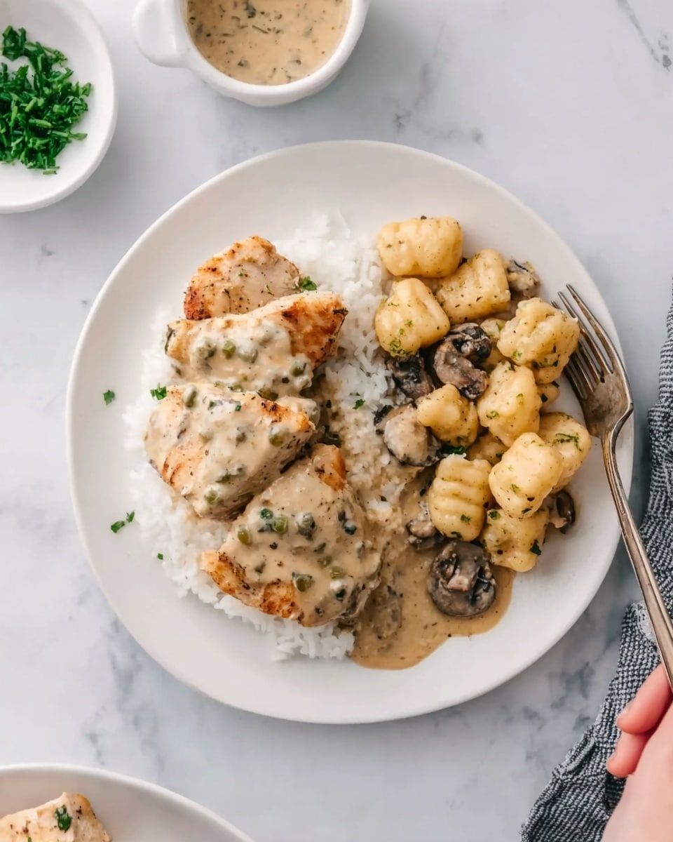 A white plate on a white marbled surface holds a meal with two main parts: three pieces of cooked chicken on a bed of white rice at the bottom left, topped with a light beige sauce with small green herb bits, and a group of creamy, light tan gnocchi pieces with visible mushroom pieces at the top right of the plate. A woman's hand holds a fork near the top right. In the background, there is a small white bowl with sauce and some chopped green herbs nearby. The overall scene has soft lighting and a clean, simple look. photo taken with an iphone --ar 4:5 --v 7