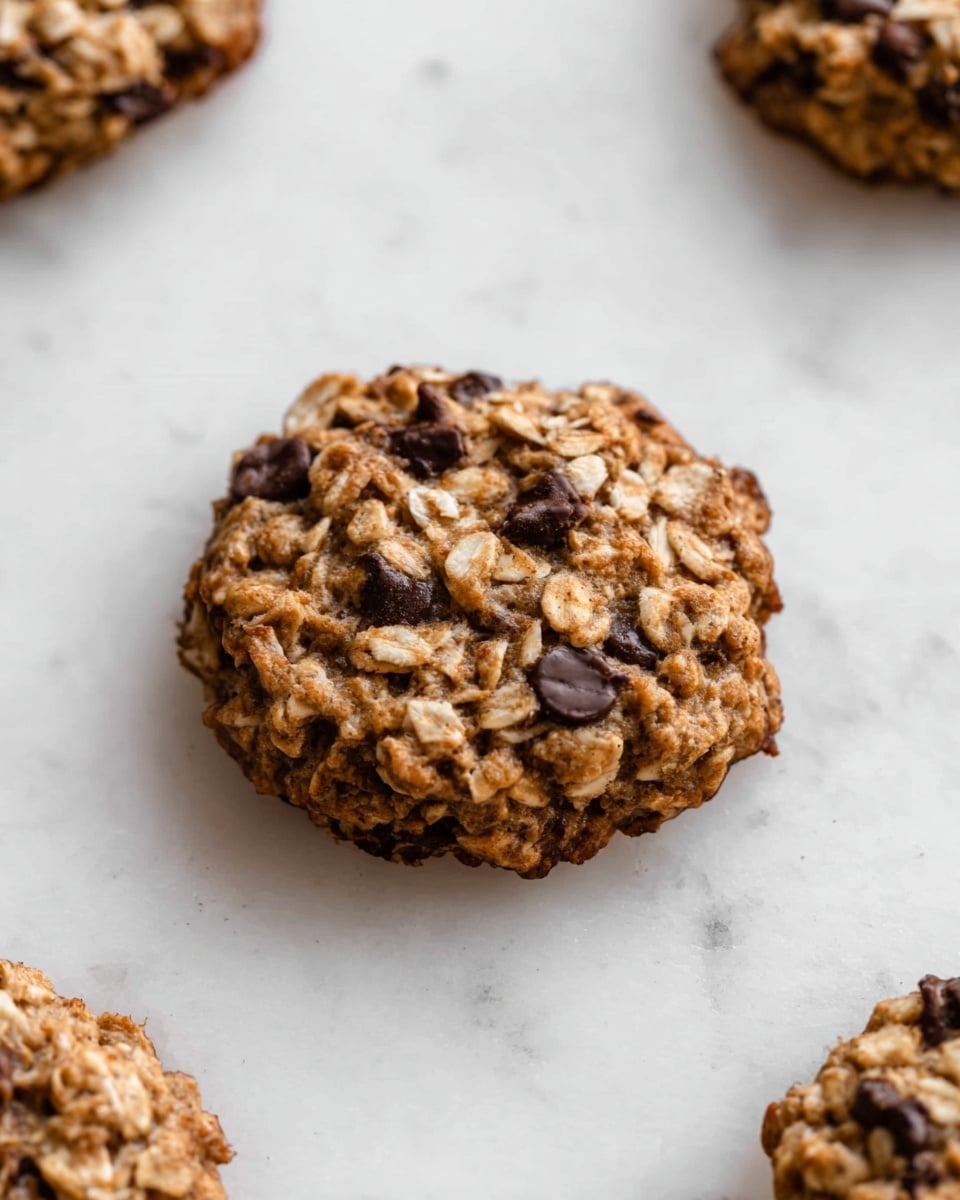 The image shows a close-up view of a single oatmeal cookie with chocolate chips on a white marbled surface. The cookie has one main layer, round and thick, with a rough texture featuring visible rolled oats and dark brown chocolate chips embedded throughout. The oats give it a light tan color with some darker spots where the chocolate chips are. Around the cookie, parts of other cookies are slightly visible but out of focus, enhancing the main cookie's focus. The photo is taken with an iphone --ar 4:5 --v 7