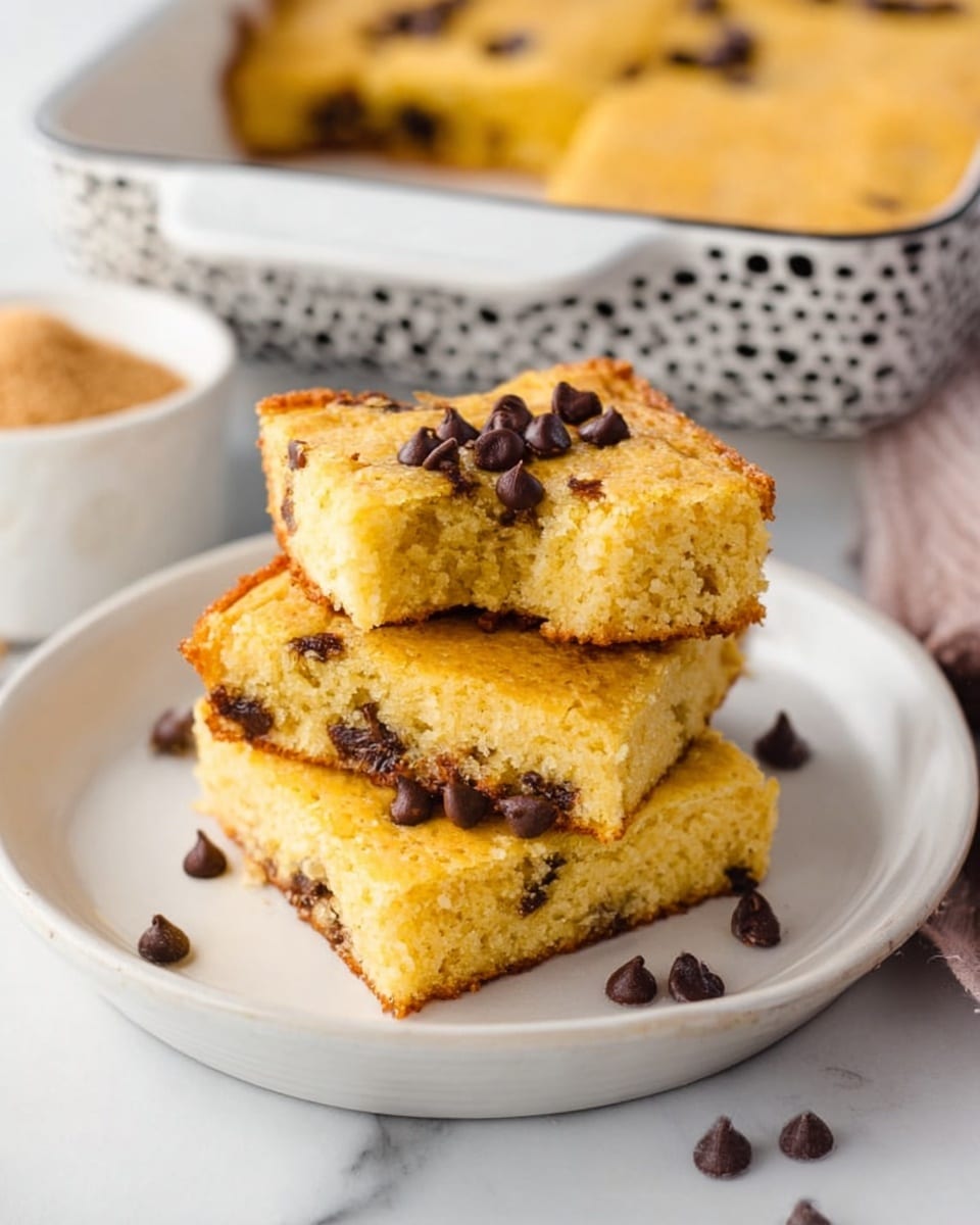The image shows three yellowish cake squares with melted dark chocolate chips inside and on top, stacked slightly unevenly on a white plate. The top square has a bite taken out, revealing a soft and moist crumb texture with visible chocolate pieces inside. Around the plate, some loose chocolate chips are scattered. In the background, there is a white baking dish with a black dot pattern, holding more cake squares, sitting on a white marbled surface, with a blurred white bowl containing brown sugar nearby. The lighting is bright and natural, highlighting the golden color and soft texture of the cakes. photo taken with an iphone --ar 4:5 --v 7