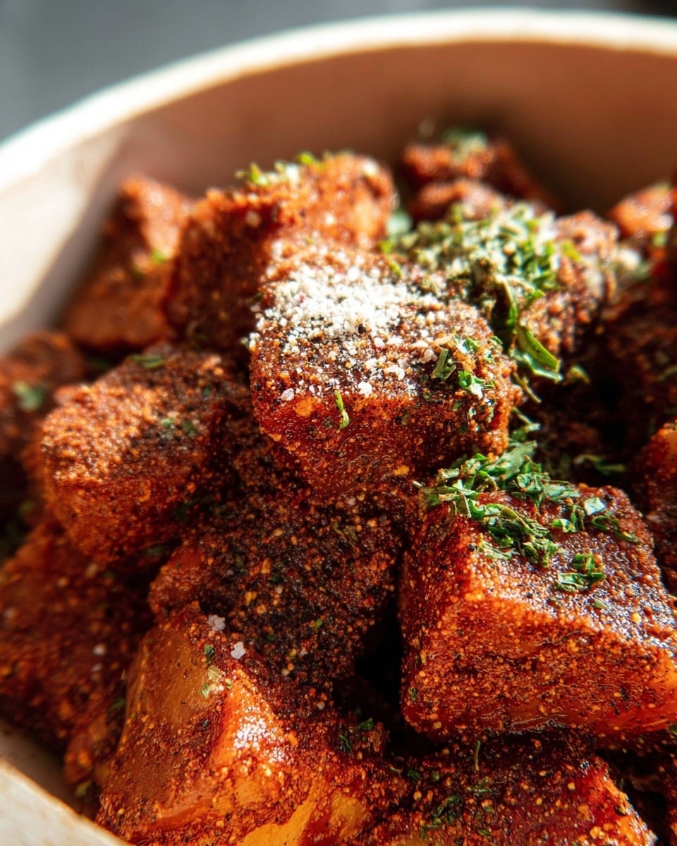 The image shows many small cubes of meat covered in a thick layer of reddish-brown spice powder. Some black pepper flakes and coarse salt are spread on top of the spice layer, adding a grainy texture. There are bits of green herbs sprinkled on the cubes, giving a fresh color contrast to the warm spices. The cubes look dry but well coated with the seasoning. They are stacked closely together inside a deep container with a smooth, light-colored inner surface. The light highlights the different textures of the spices and herbs on the meat. photo taken with an iphone --ar 4:5 --v 7