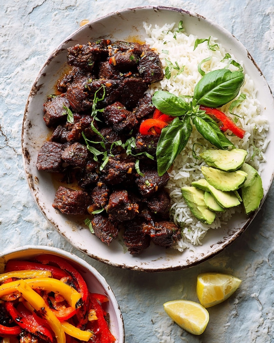 A white plate on a white marbled texture holds a dish with four main layers: the bottom layer is white rice, fluffy and spread evenly; on top are many dark brown pieces of cooked meat scattered across the rice, slightly shiny with small green herb leaves sprinkled over them; on one side are thin slices of light green avocado arranged in a small fan shape, decorated with a fresh green herb leaf; a slice of red bell pepper peeks out from under the meat near the avocado, adding a pop of color. To the lower left, a white bowl contains a mix of bright red and yellow grilled bell pepper strips, glossy and topped with a basil leaf, and in the bottom right are two lemon wedges placed simply on the white marbled texture. photo taken with an iphone --ar 4:5 --v 7