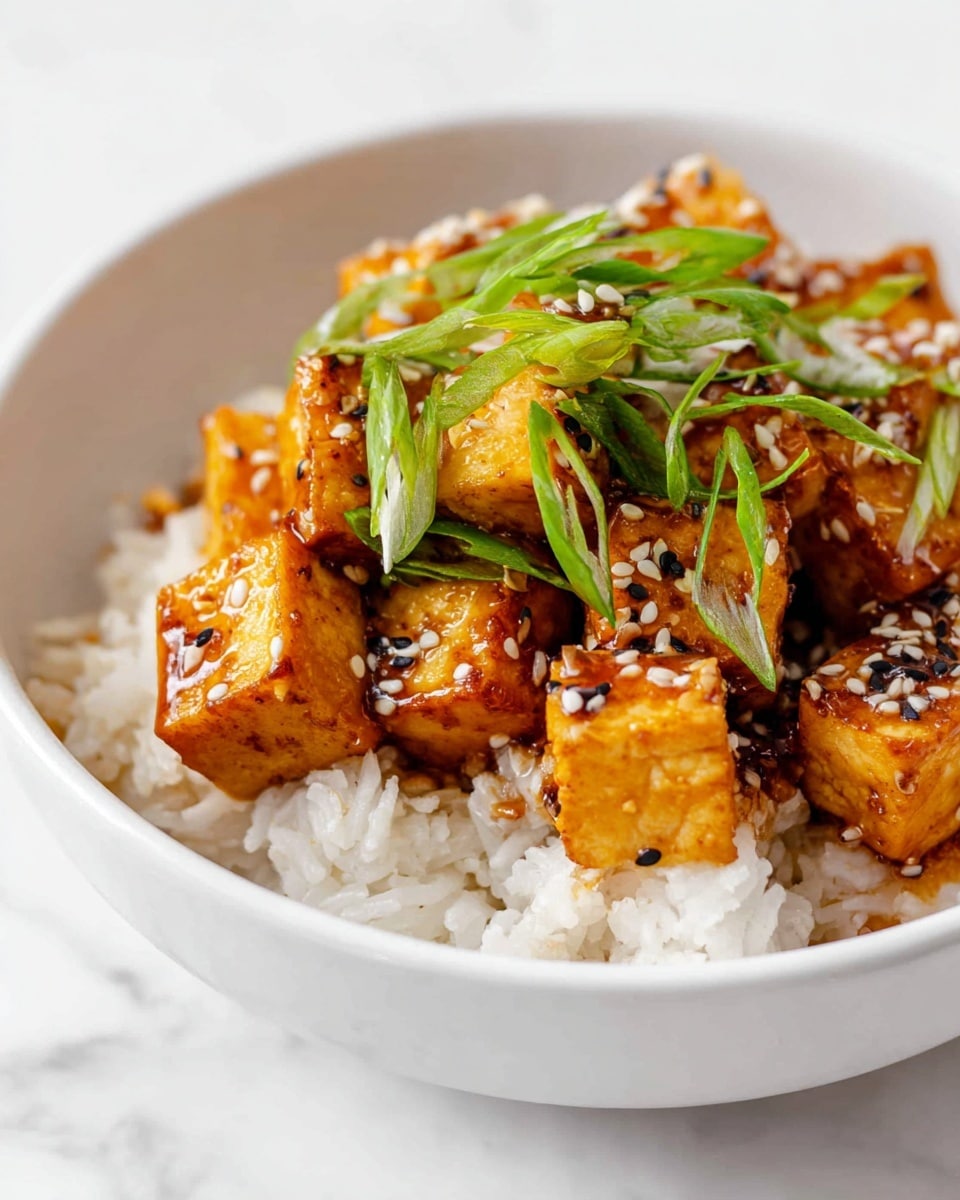 A white bowl contains a base layer of white rice with a fluffy texture, topped with medium-sized golden-brown cubes of tofu coated in a shiny sauce. The tofu pieces are scattered with small white and black sesame seeds. On top, there are thin slices of fresh bright green onions arranged loosely over the tofu. The bowl sits on a white marbled surface. Photo taken with an iphone --ar 4:5 --v 7