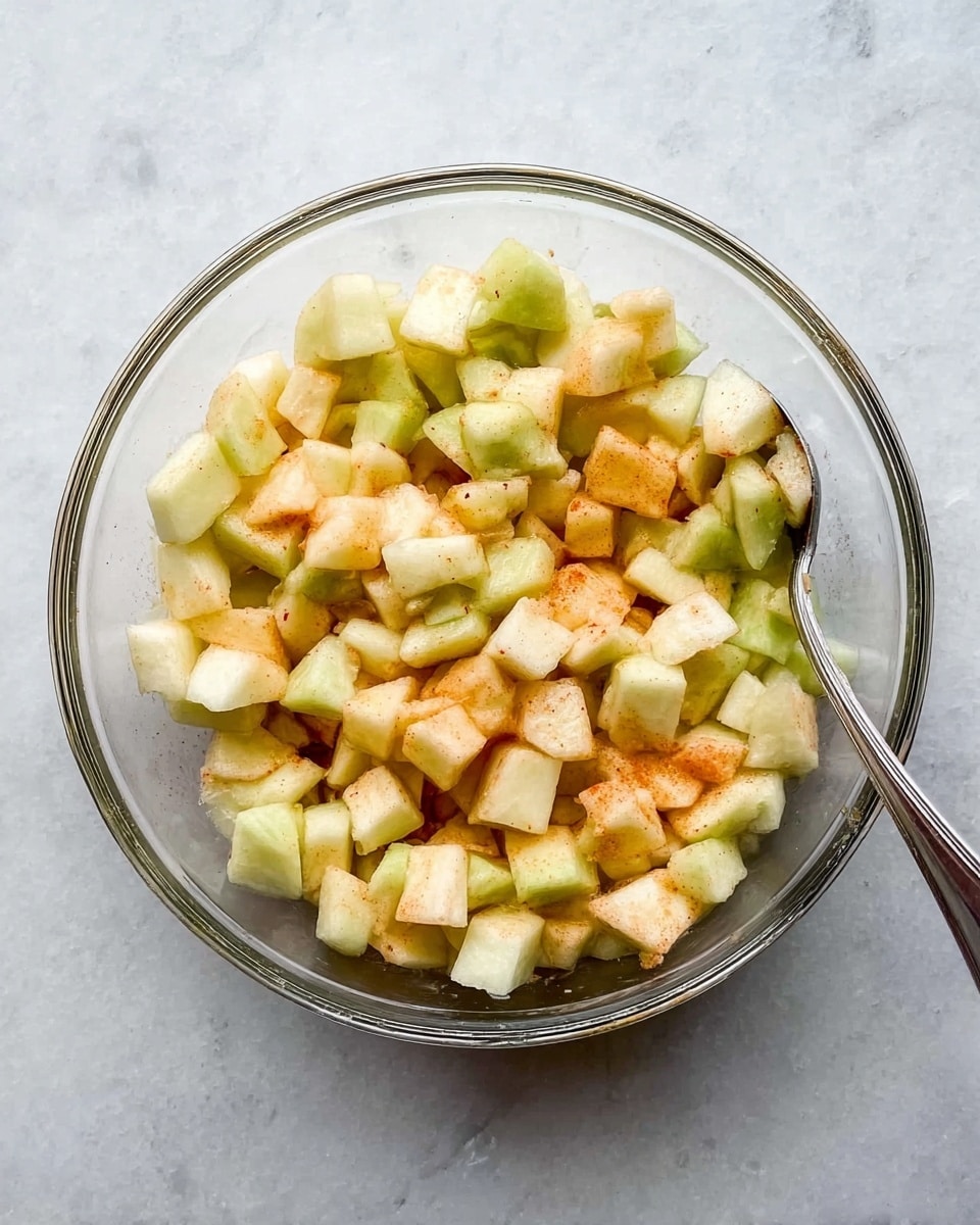 A clear glass bowl resting on a white marbled surface holds a mix of diced fruit pieces, mainly light green and pale yellow, with some pieces having a warm orange tint. The fruit chunks vary in size and have a soft texture. A silver spoon is partially visible, placed inside the bowl on the right side, slightly lifting some fruit pieces. The overall look is fresh and simple, with the fruit filling almost the entire bowl. photo taken with an iphone --ar 4:5 --v 7