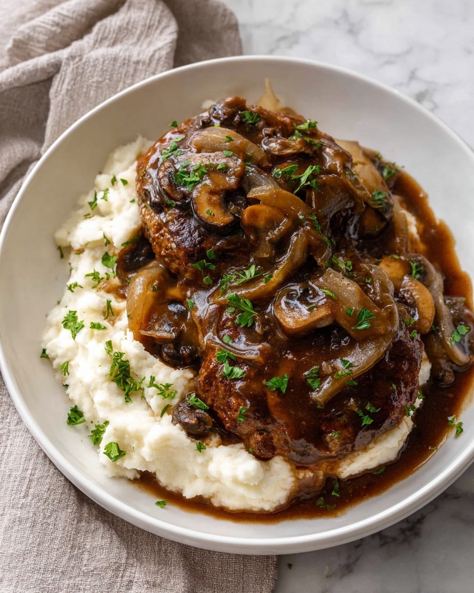 A white plate holds a dish with a base layer of creamy white mashed potatoes covering half the plate. On top, there are two thick, browned meat patties, richly coated with a glossy dark brown gravy mixed with sliced cooked onions and mushrooms. Bright green chopped parsley is sprinkled over the dish, adding fresh color. The plate sits on a white marbled surface with a soft, neutral cloth beside it. Photo taken with an iphone --ar 4:5 --v 7