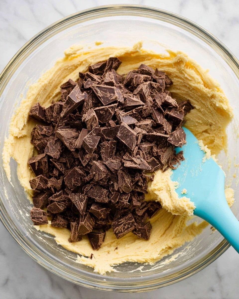 A clear glass mixing bowl holds two layers: the bottom layer is a thick, creamy pale yellow dough with a smooth texture, and piled on top is a large mound of dark brown, rough chocolate chunks that vary in size and shape. A light blue spatula is partially inside the dough on the right side, with some dough stuck to its edges. The bowl is placed on a white marbled surface, and the scene looks bright and clean, showing the contrast between the smooth dough and the chunky chocolate pieces. photo taken with an iphone --ar 4:5 --v 7