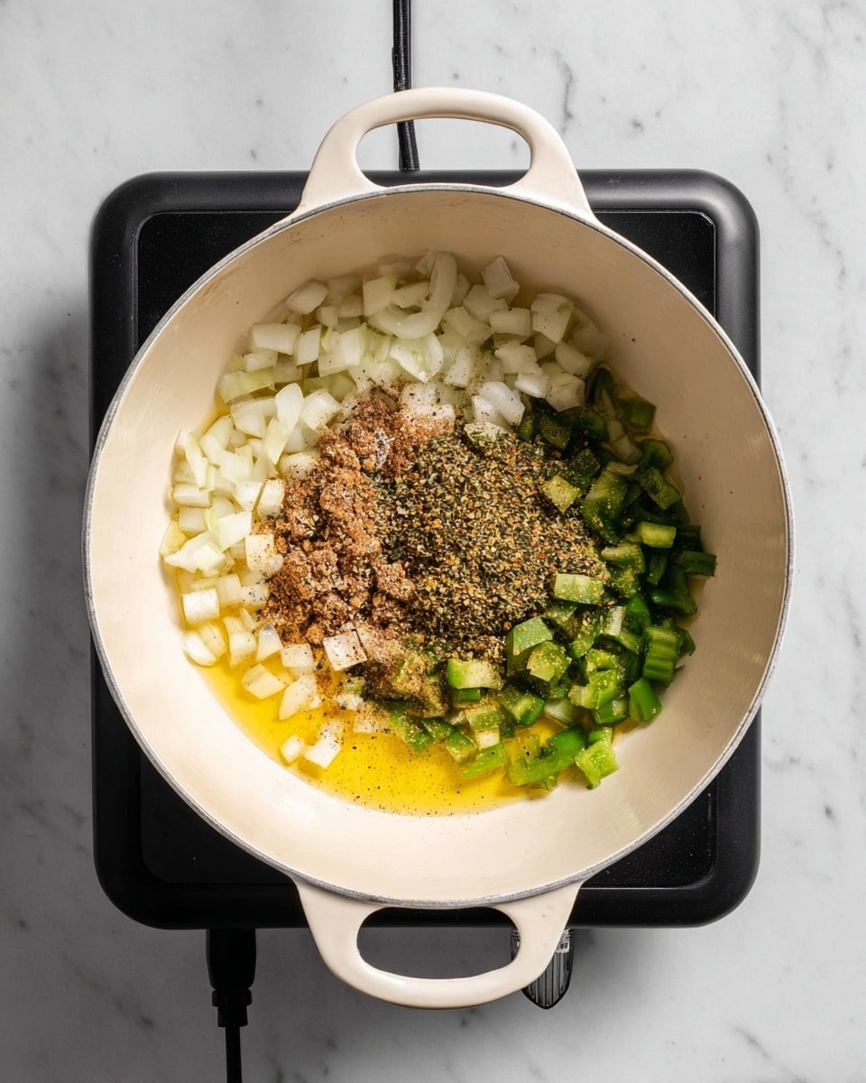 A white round pot with two handles holds four layers of ingredients inside. The bottom layer is a small amount of yellow oil. On top of that are diced white onions scattered mainly on the left side. Next, green chopped bell peppers fill the right side of the pot. The top layer is a mix of brown and black spices spread over both the onions and peppers. The pot sits on a black electric stove against a white marbled surface. photo taken with an iphone --ar 4:5 --v 7