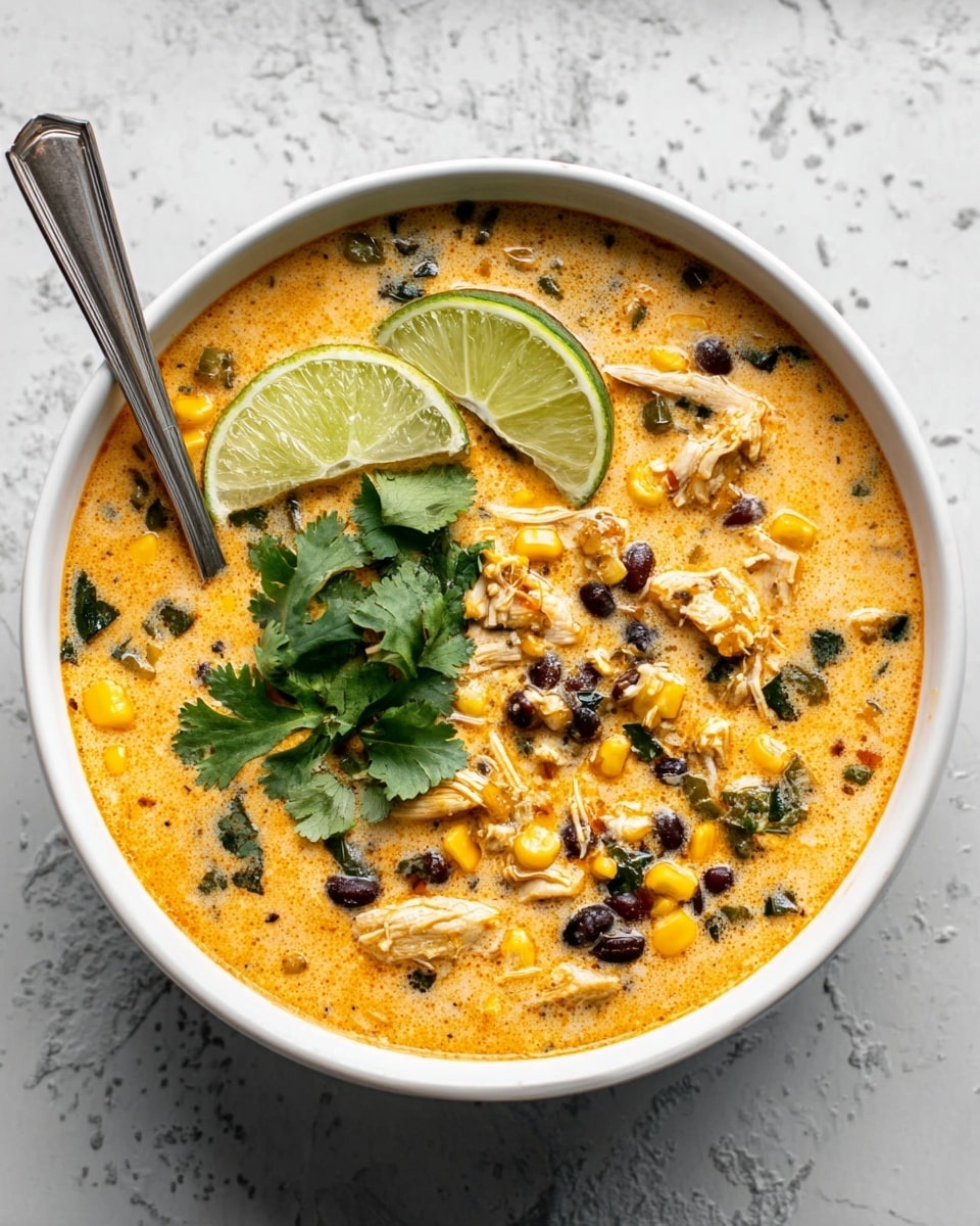 A round white bowl filled with creamy orange soup with visible pieces of shredded chicken, black beans, and small yellow corn bits scattered throughout. There are chunks of green vegetables mixed in, and two lime wedges along with fresh cilantro leaves placed on top in the center. A silver spoon rests on the left side inside the bowl. The bowl is set on a white marbled surface with subtle gray textures. photo taken with an iphone --ar 4:5 --v 7