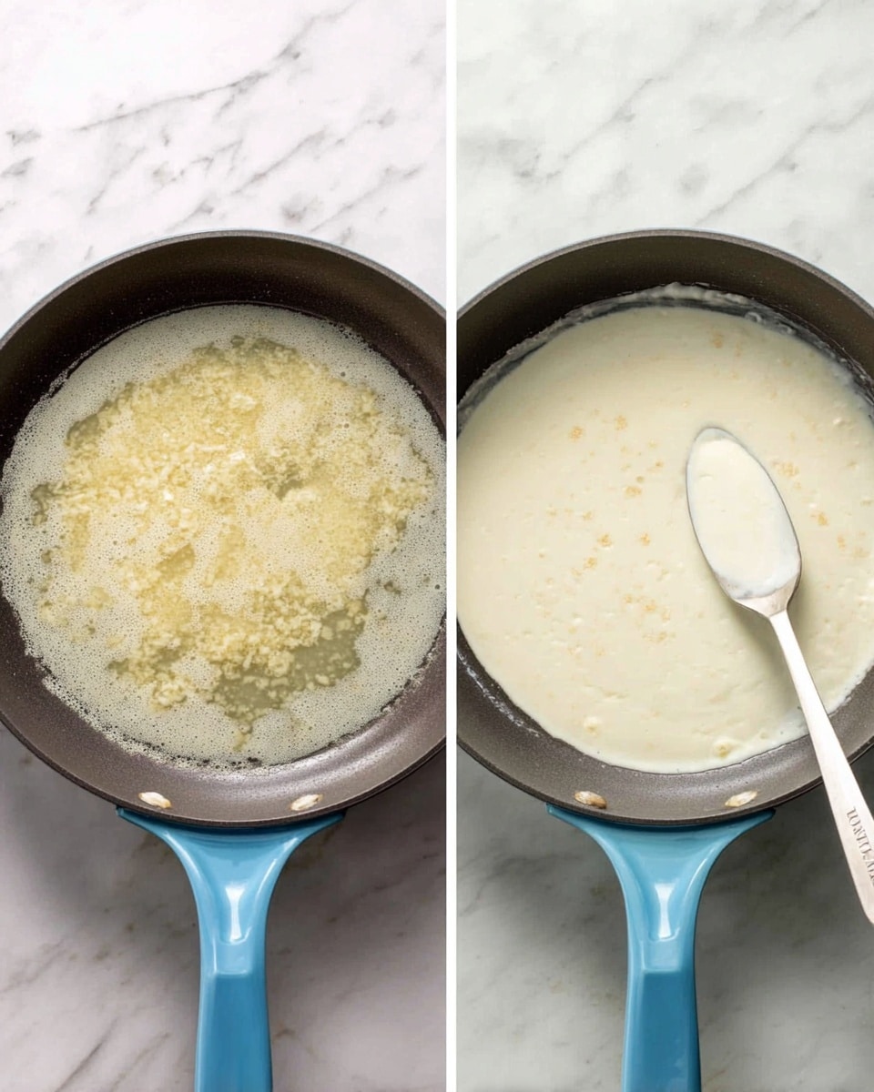 Two images show a dark pan with a blue handle on a white marbled surface. The left image has a bubbling light yellow liquid with small clumps in the center, showing a texture of melting or mixing. The right image shows the same pan filled with a smooth thick white cream with small light brown spots scattered on the surface, and a white spoon resting inside on the right side. photo taken with an iphone --ar 4:5 --v 7