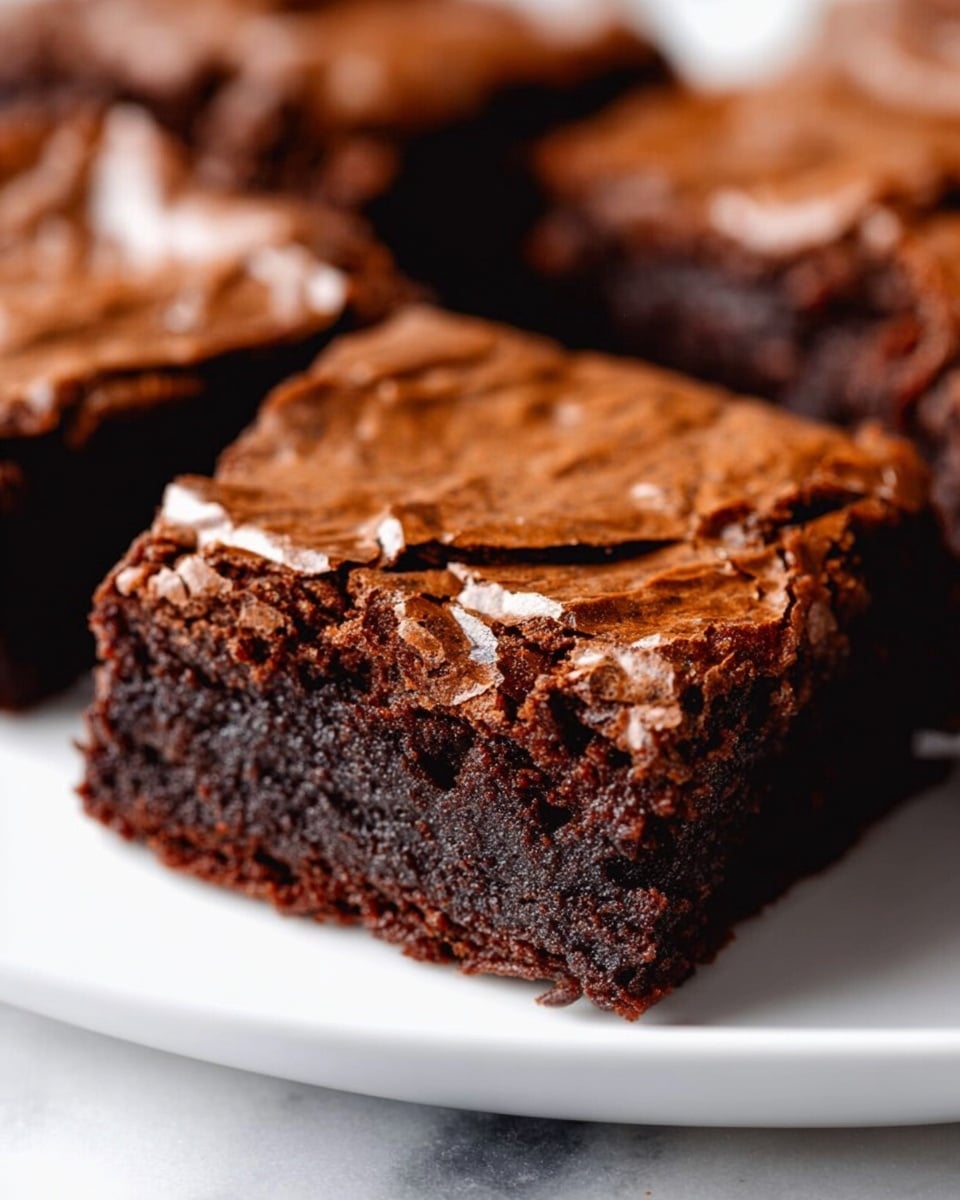 A close-up of a square brownie piece showing two layers: a shiny, cracked top layer with a dark brown color and slightly wrinkled texture, and a thick, moist, dense bottom layer with a rich, darker brown color. The brownie is on a white plate, with more brownies blurred in the background, all placed on a white marbled surface. photo taken with an iphone --ar 4:5 --v 7