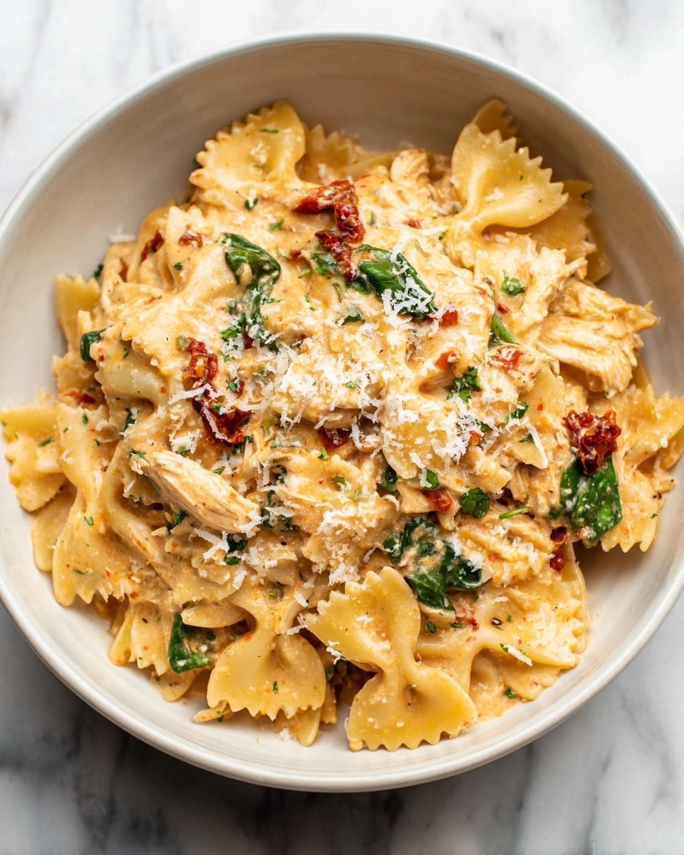 A white bowl filled with creamy pasta consisting of three layers: the bottom layer is bowtie pasta with a pale yellow color and slightly ruffled edges, the middle layer includes pieces of shredded chicken and small green spinach leaves scattered throughout with some sun-dried tomato bits adding a reddish contrast, and the top layer is a smooth, light orange creamy sauce coating everything evenly, finished with a sprinkle of finely grated white cheese on top. The bowl sits on a white marbled surface, and the image shows fine texture details in the sauce and pasta edges. photo taken with an iphone --ar 4:5 --v 7