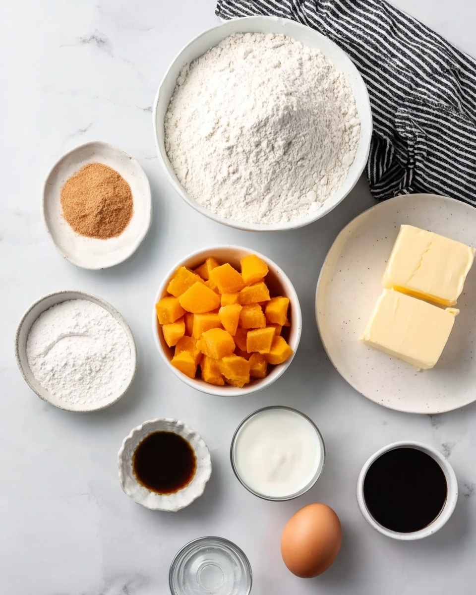 A white bowl filled with white flour is placed at the top center on a white marbled surface. Below it to the left, there is a small white plate with light brown powder, and next to it, a white bowl with brown sugar. In the center, a white bowl contains bright orange diced fruit pieces. To the right of the diced fruit bowl, a white plate has two rectangular pieces of butter. Below the butter, a single brown egg rests on the surface. Near the egg, a small glass contains a white liquid, and in front of the glass, a small white bowl holds dark brown liquid. Below the brown sugar bowl, a small white bowl contains white powder. A black and white striped cloth is partially visible behind the flour bowl. Photo taken with an iphone --ar 4:5 --v 7
