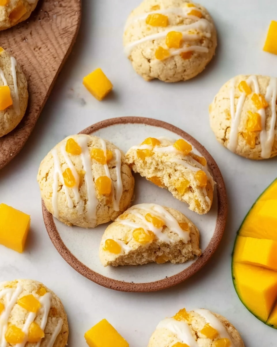 The image shows soft, round cookies on a small white plate, each cookie topped with small bright orange fruit pieces and drizzled with a light white icing. One cookie on the plate is broken in half, revealing a soft and crumbly inside mixed with the fruit chunks. Around the plate, there are more cookies with the same toppings placed on a white marbled surface, and several diced fruit pieces scattered nearby. The edges of the fruit pieces are smooth and bright, adding color contrast to the light beige cookies. The scene is bright and clear, with a woman's hand gently touching one cookie in the top left corner. Photo taken with an iphone --ar 4:5 --v 7