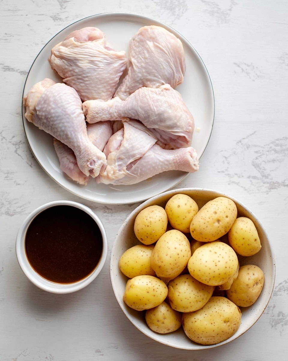 The image shows three white dishes placed on a white marbled surface. On the left, a white plate holds five raw chicken leg pieces with light pink skin and white fat layers, arranged overlapping each other. On the right, a white bowl is filled with several halved small yellow potatoes showing their smooth cut surfaces and dotted skins. Below the bowl of potatoes is a small white cup filled with dark brown sauce that has a smooth texture and reflective surface. Photo taken with an iphone --ar 4:5 --v 7