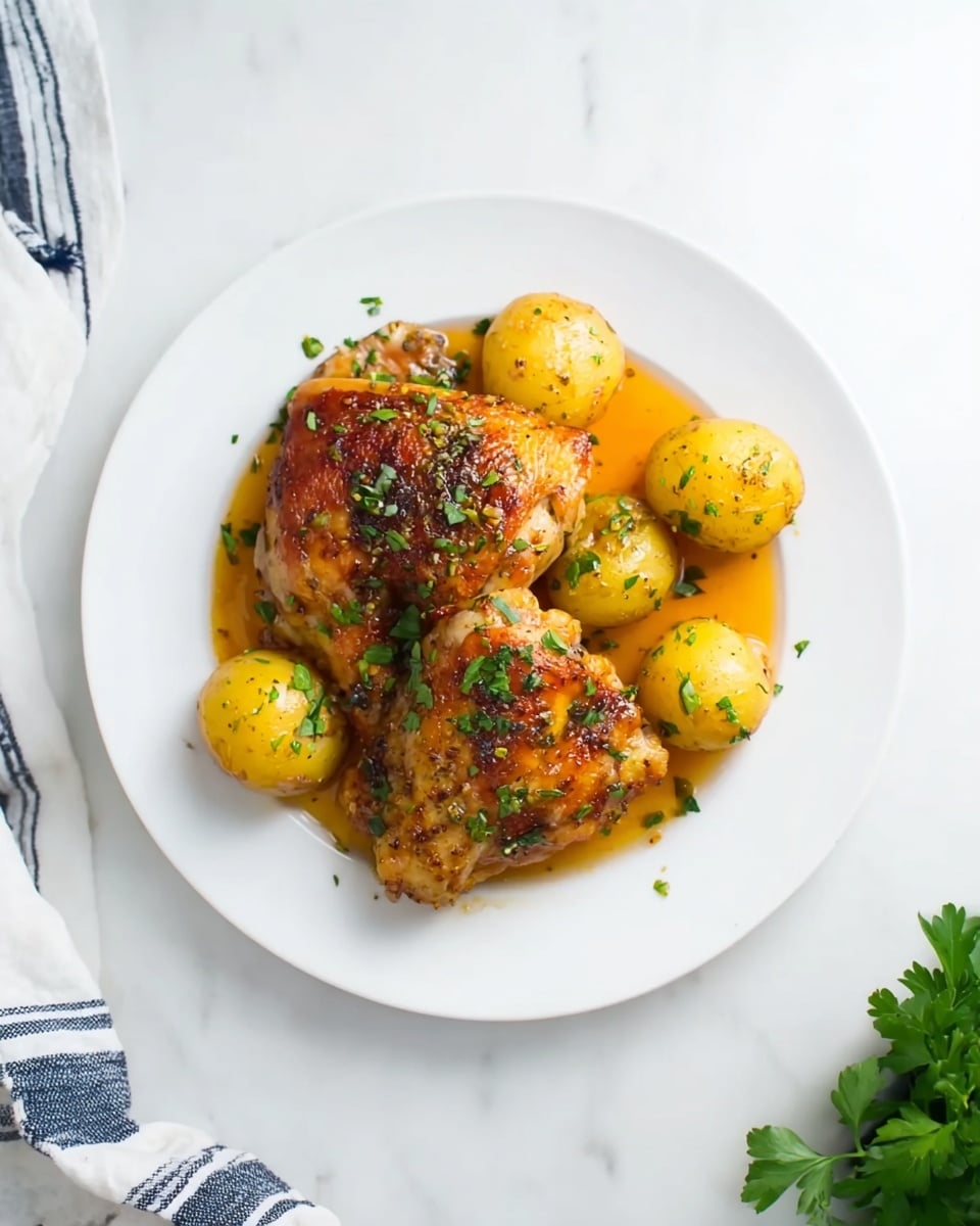 A white plate is placed on a white marbled surface, holding two pieces of golden brown roasted chicken with crispy skin and three small yellow potatoes. The chicken and potatoes are sprinkled with chopped green herbs, likely parsley, adding a fresh touch. There is a small pool of orange-brown sauce beneath the chicken and potatoes. In the top right corner, part of a white cloth with dark blue stripes is visible, and on the bottom right edge, some green parsley is peeking in. Photo taken with an iphone --ar 4:5 --v 7