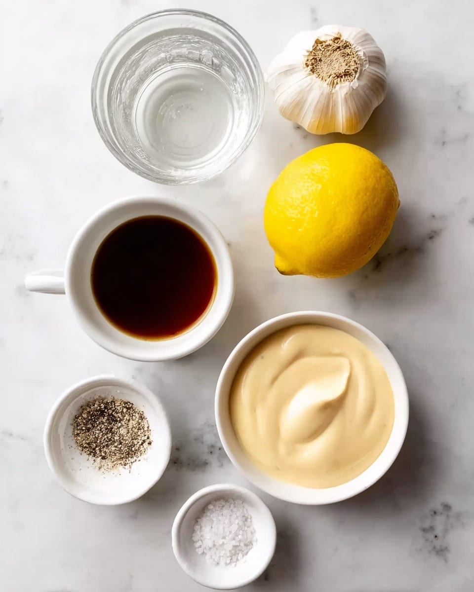 The image shows six ingredients placed on a white marbled surface: a small white bowl filled with dark brown liquid, a clear glass of water, a whole garlic bulb, a whole yellow lemon, a small white bowl with a smooth light beige creamy sauce, and another small white bowl with a smooth pale yellow creamy sauce. There is also a small white bowl with coarse salt and black pepper. The ingredients are arranged loosely in a scattered manner. photo taken with an iphone --ar 4:5 --v 7