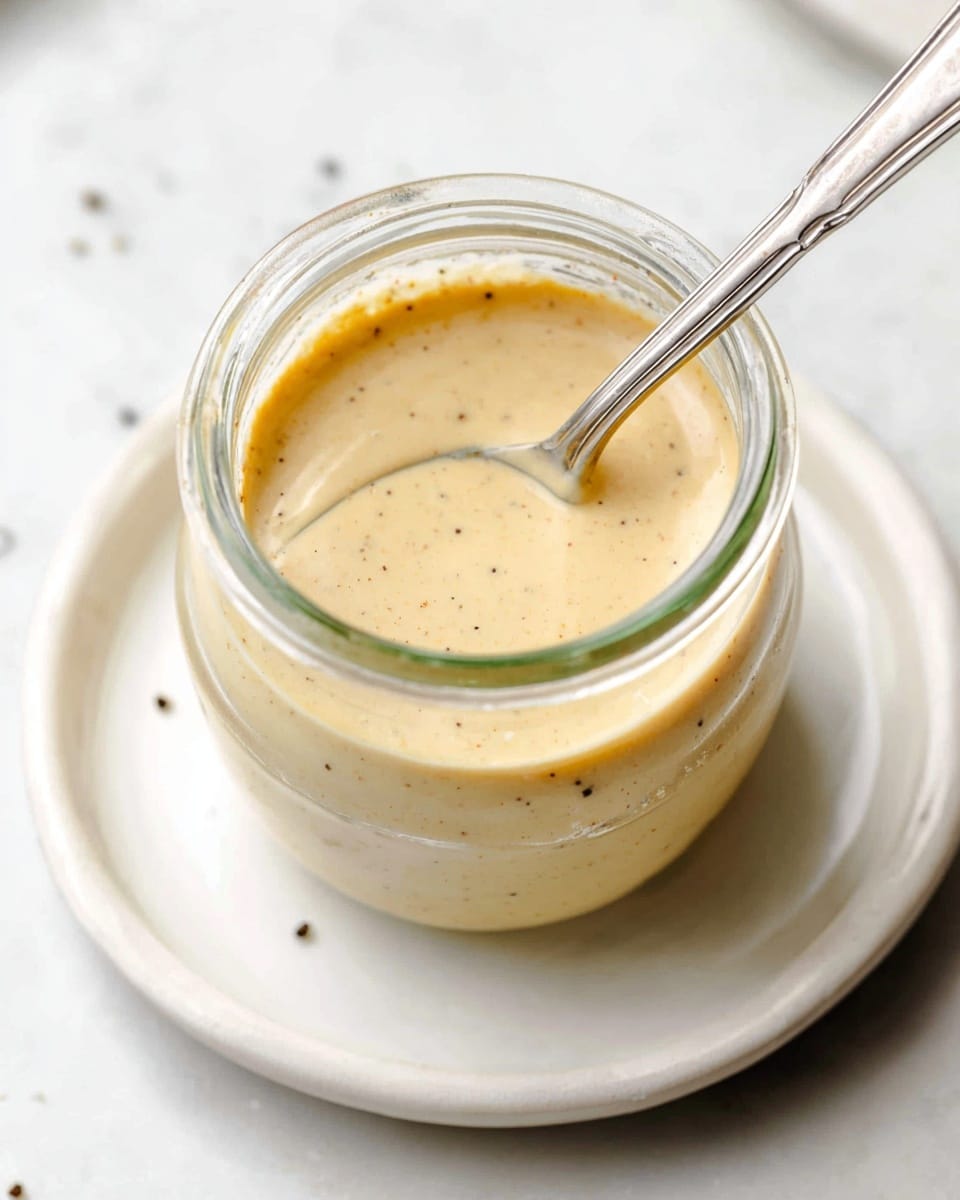 A small clear glass jar filled with thick, creamy light beige sauce with small dark specks inside. A silver spoon is partly dipped into the sauce, resting inside the jar. The jar sits in the center of a white plate, all placed on a white marbled surface with a few black specks scattered around. The image is close-up, showing the smooth texture and subtle color variations of the sauce photo taken with an iphone --ar 4:5 --v 7