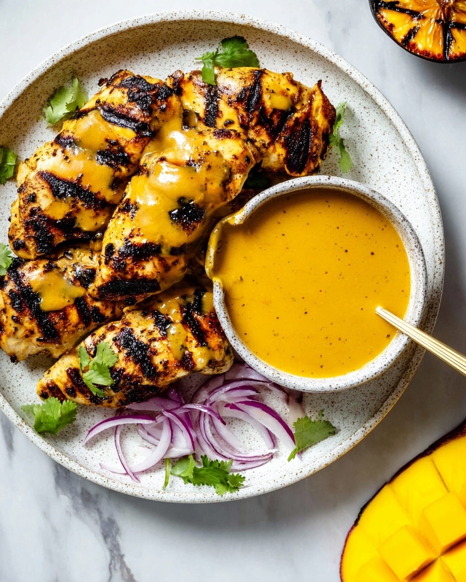A white speckled round plate holds five pieces of grilled chicken with a golden yellow sauce, each piece showing black grill marks and a slightly charred texture. In the center near the top of the plate is a small bowl filled with smooth yellow-orange sauce, with a gold spoon dipping into it. Under the chicken, partially visible, are thin rings of purple onion and green cilantro leaves scattered around the edges. At the bottom of the plate is a grilled lemon half with dark char marks. In the top right corner of the image, a sliced mango is visible on a white marbled surface. Photo taken with an iphone --ar 4:5 --v 7