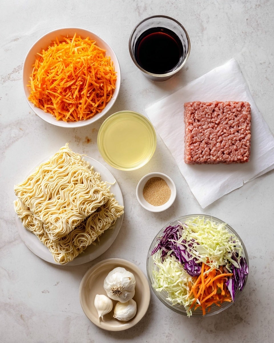 The image shows a flat lay of different food ingredients arranged on a white marbled surface. There is a small white bowl filled with bright orange shredded carrots near the top center, next to a dark liquid in a clear glass cup. Below them is a light yellow liquid in a clear glass cup. On the right side, a square piece of raw minced meat is placed on white parchment paper. In the middle left, two blocks of uncooked ramen noodles are stacked on a white plate. Near the bottom left, three garlic cloves rest on a small beige dish. At the bottom right, there is a clear glass bowl filled with mixed shredded cabbage, carrots, and purple cabbage. In the center is a small white dish holding a tan powder seasoning. Photo taken with an iphone --ar 4:5 --v 7