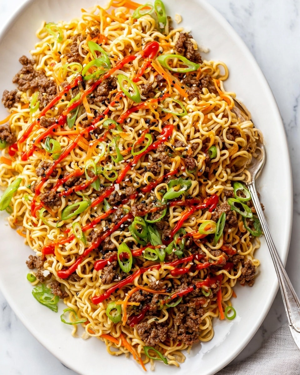 A large white oval plate filled with a noodle dish. The dish has about three layers: the base layer is slightly curly yellow noodles mixed evenly with small brown minced meat pieces. Scattered through the noodles are finely shredded orange carrots and thin slices of light green onion. On top of this, bright red sauce is drizzled across the dish in thin lines. Thin slices of bright green onion are placed on top, along with scattered small black sesame seeds. To the right side of the plate, a silver fork is partially inserted into the food. The plate is on a white marbled surface. photo taken with an iphone --ar 4:5 --v 7