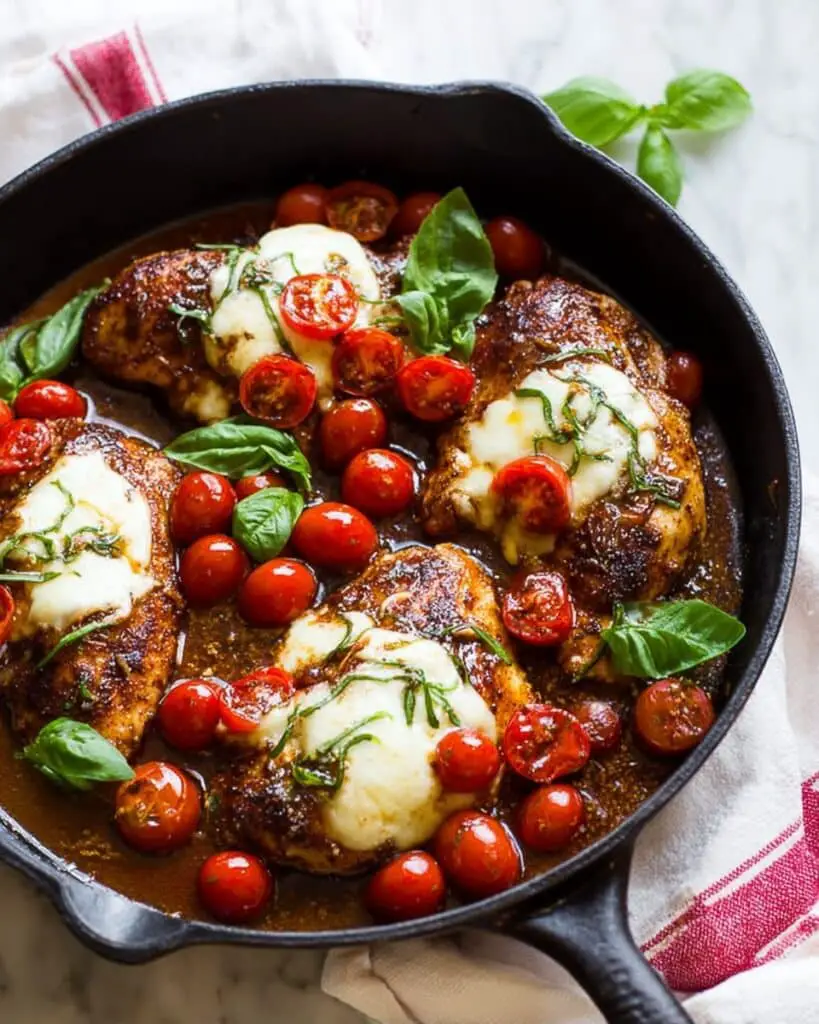 Balsamic Glazed One Pan Chicken with Mozzarella, Tomatoes, and Basil Recipe