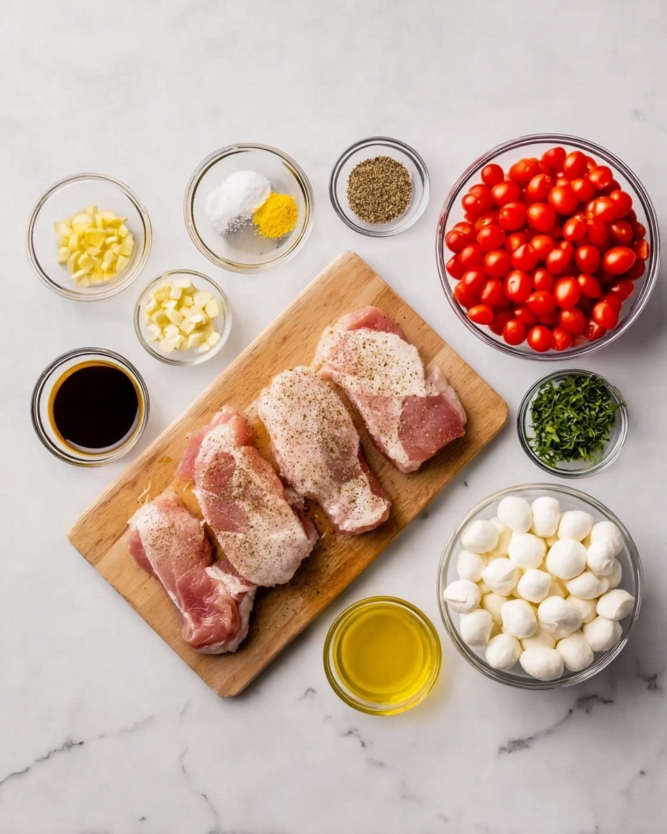 The image shows a white marbled surface with four raw pieces of light pink meat placed on a small wooden cutting board in the center. On the top left, there are small glass bowls with minced garlic, yellow mustard, black pepper, and dried herbs, followed by a small bowl of salt. To the right, a large glass bowl holds bright red halved cherry tomatoes, and next to it is another large glass bowl filled with small white mozzarella balls. To the bottom left, there are two small bowls of dark brown and golden yellow liquids, likely balsamic vinegar and olive oil. On the right side, there is a small glass bowl of chopped green herbs and a small bowl of light yellow olive oil. The setup is neat and arranged in a symmetrical manner, giving a fresh and clean appearance. Photo taken with an iphone --ar 4:5 --v 7